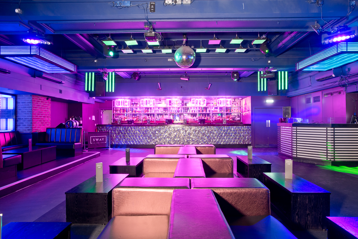Vibrant Basement event space with modern lounge seating for nightlife and parties.