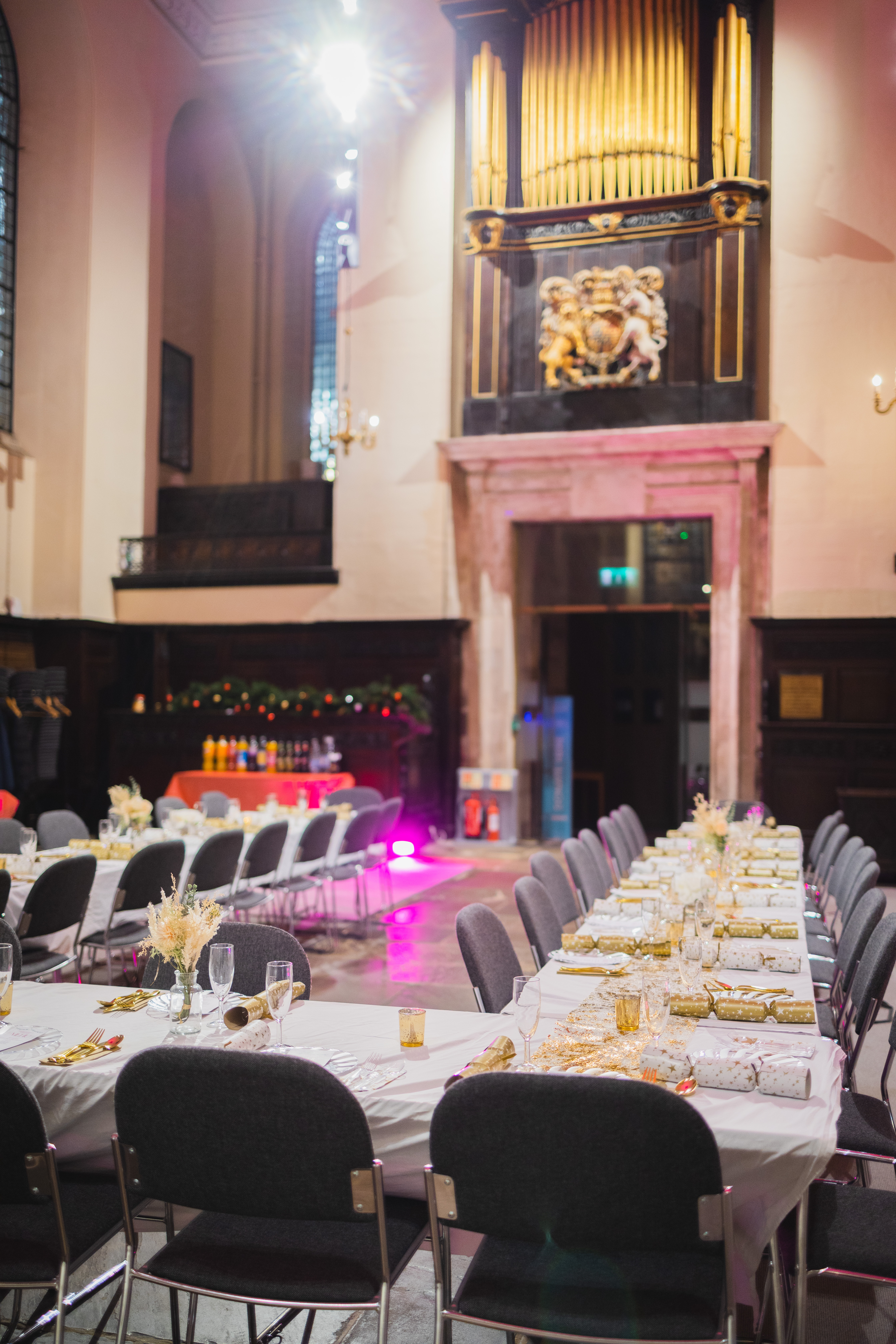Elegant banquet setup in St Edmund the King for corporate events and celebrations.