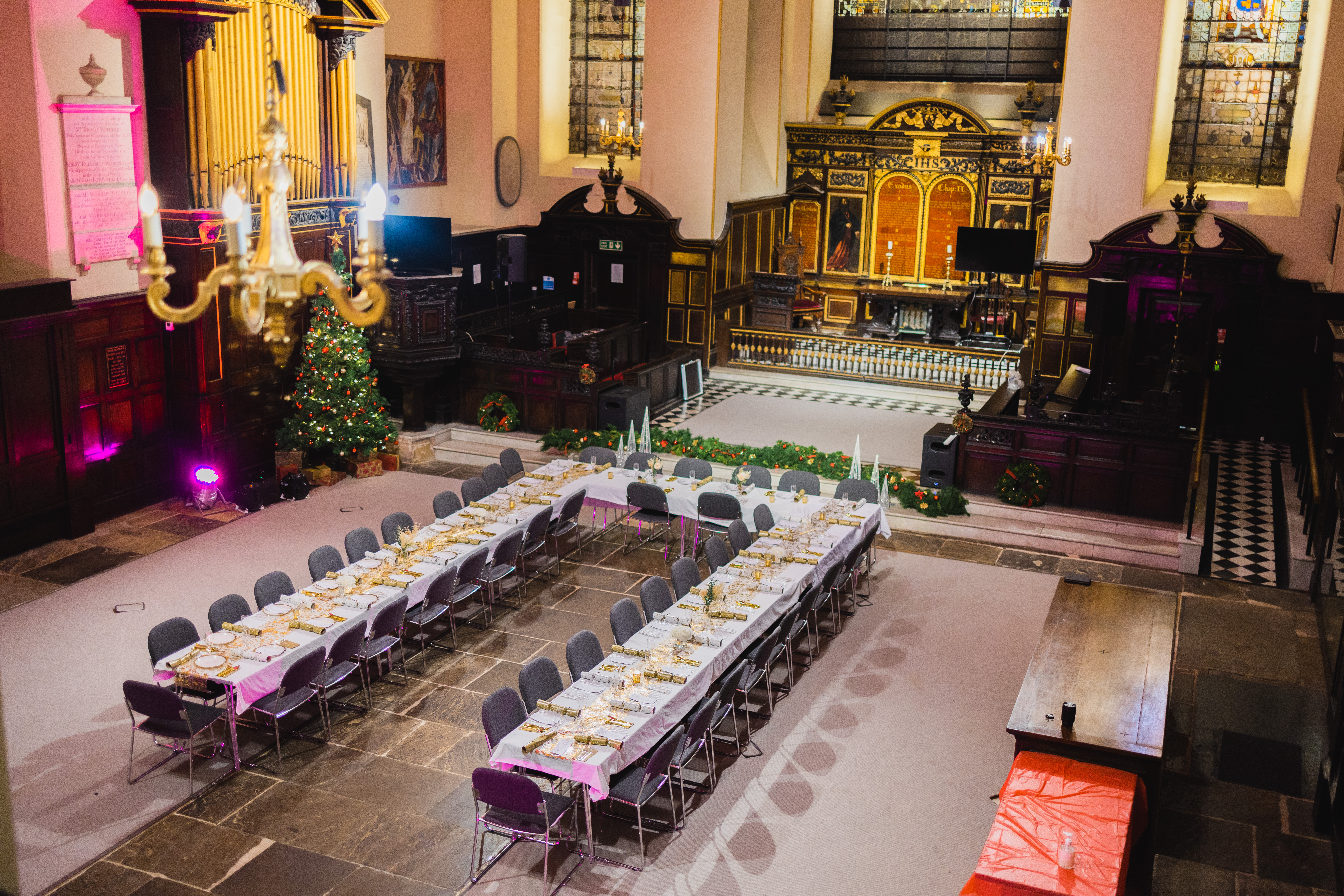 Elegant banquet setup in St Edmund the King for festive events and gatherings.