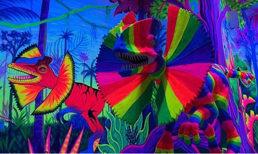 Vibrant dinosaur mural in a jungle, perfect for themed events and parties.