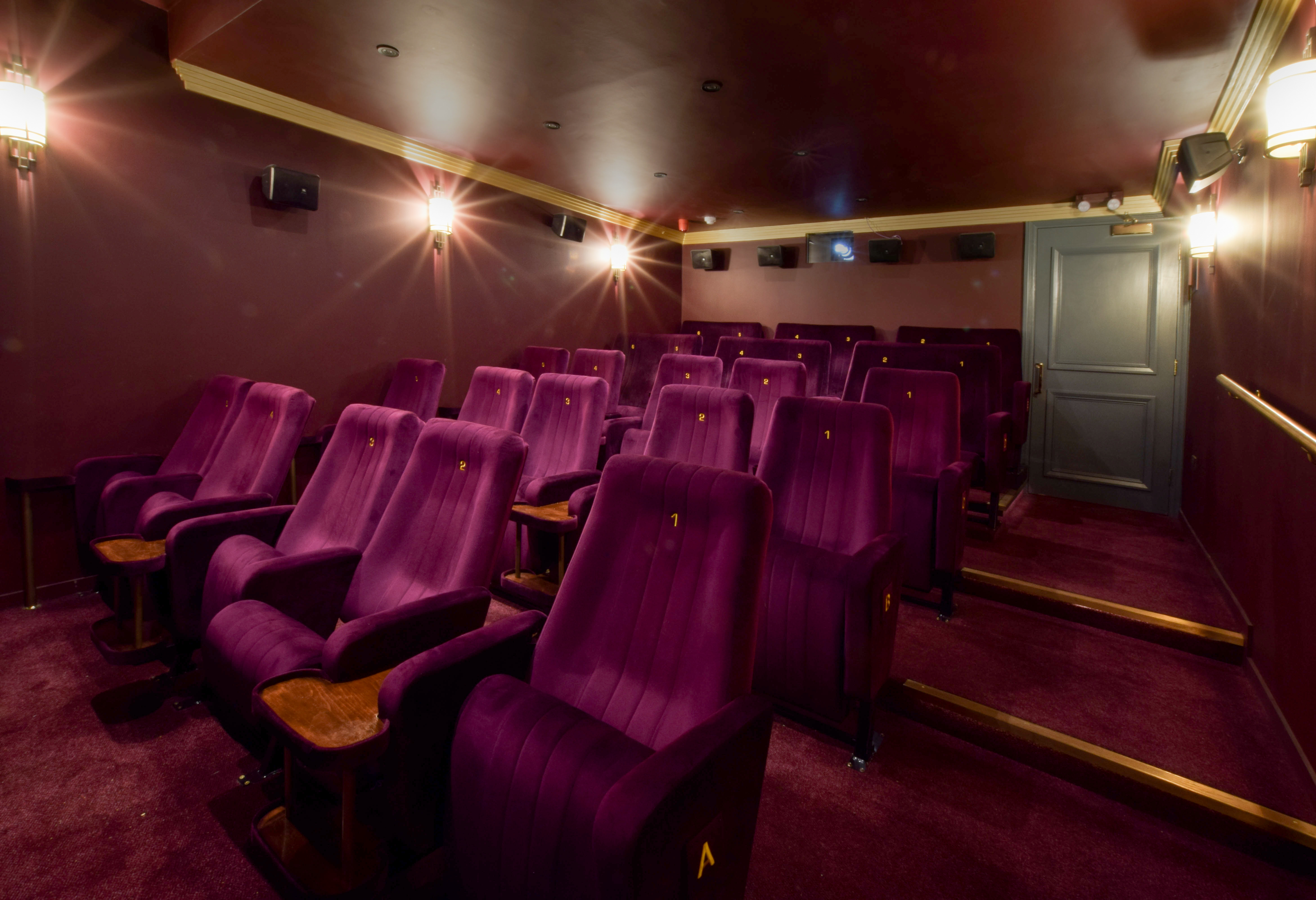 Cozy screening room with plush purple seating for private film events and meetings.