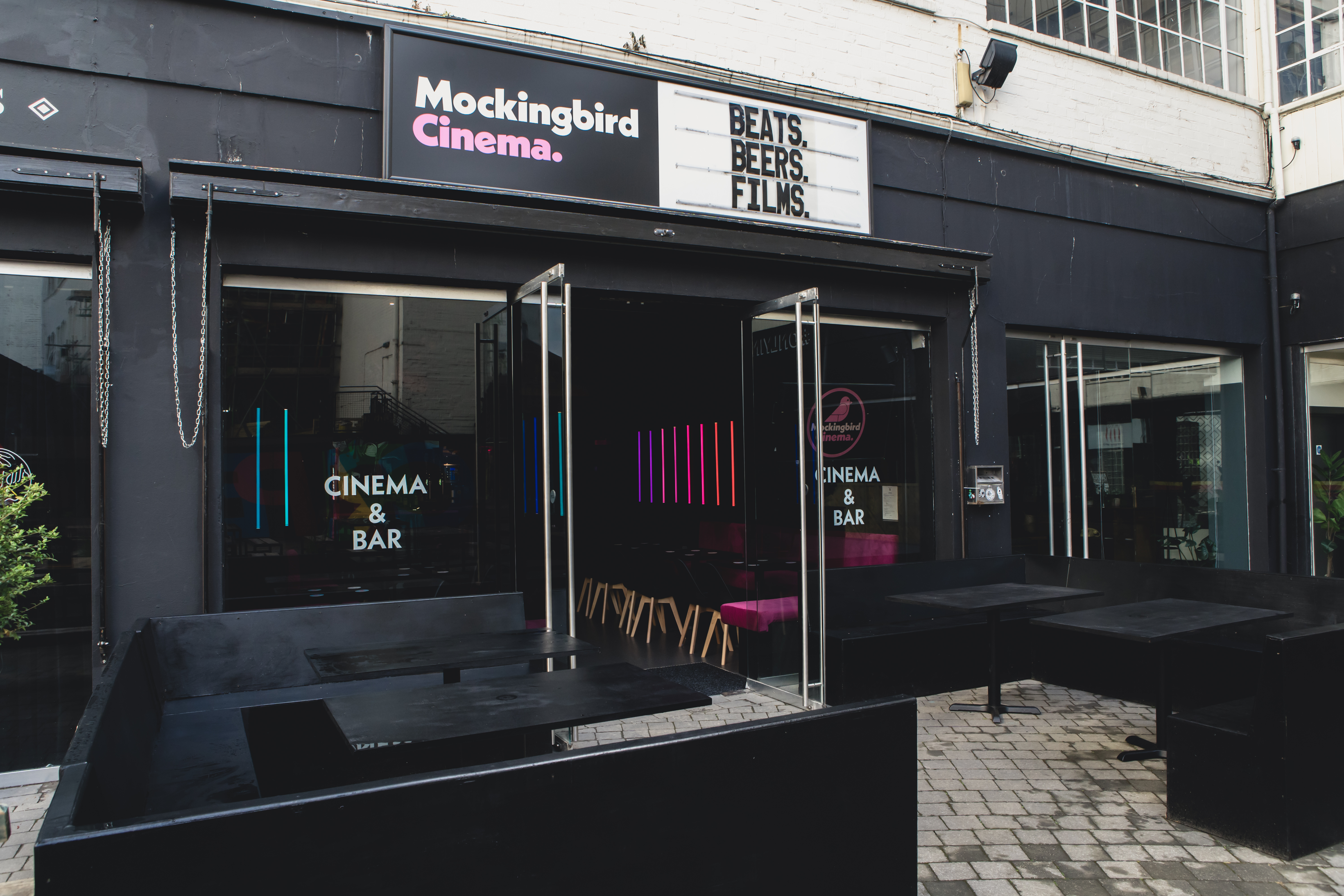 Mockingbird Cinema Bar exterior, trendy venue for film screenings and private events.