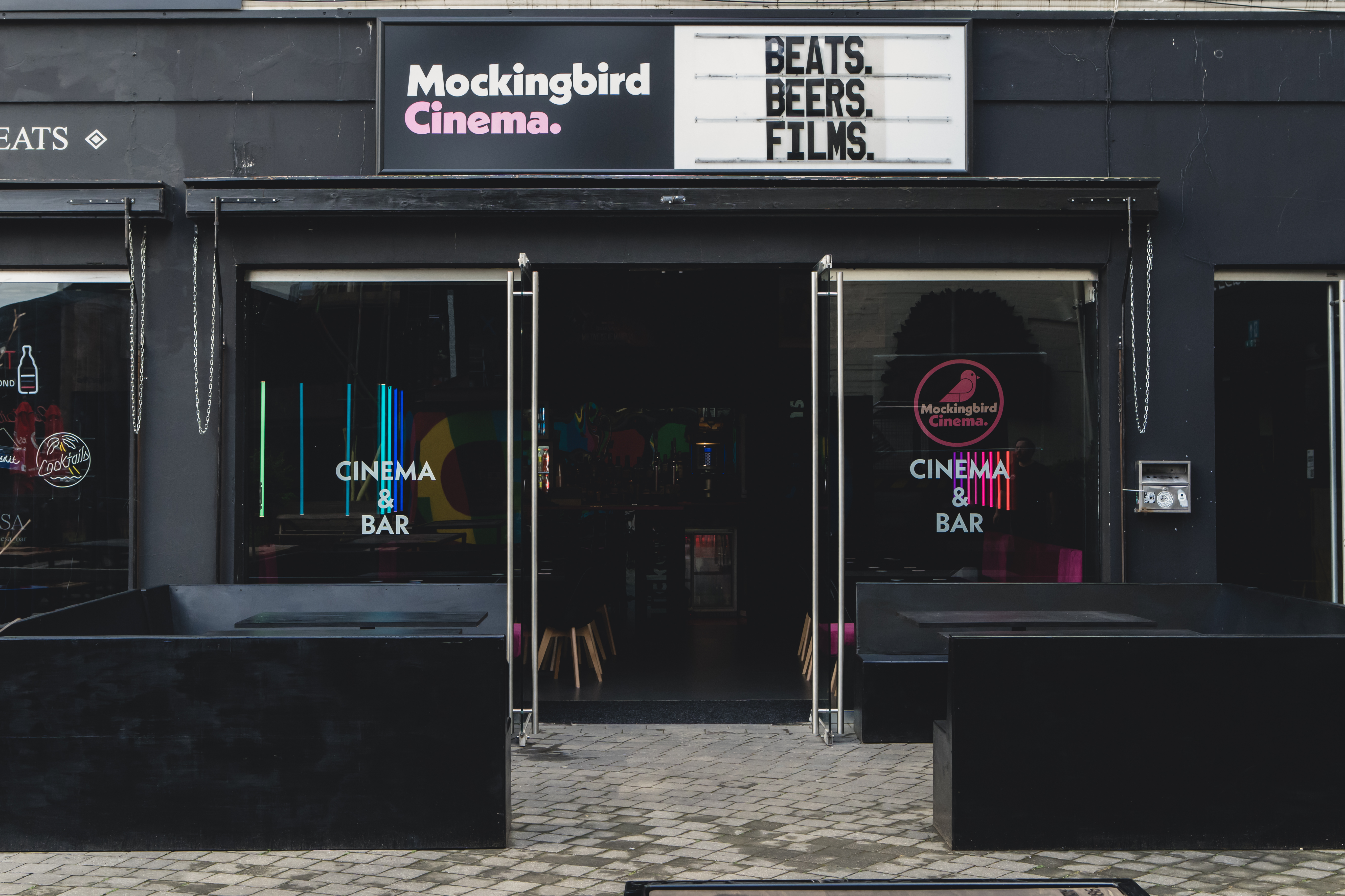 Mockingbird Cinema Bar exterior, trendy venue for film screenings and private events.