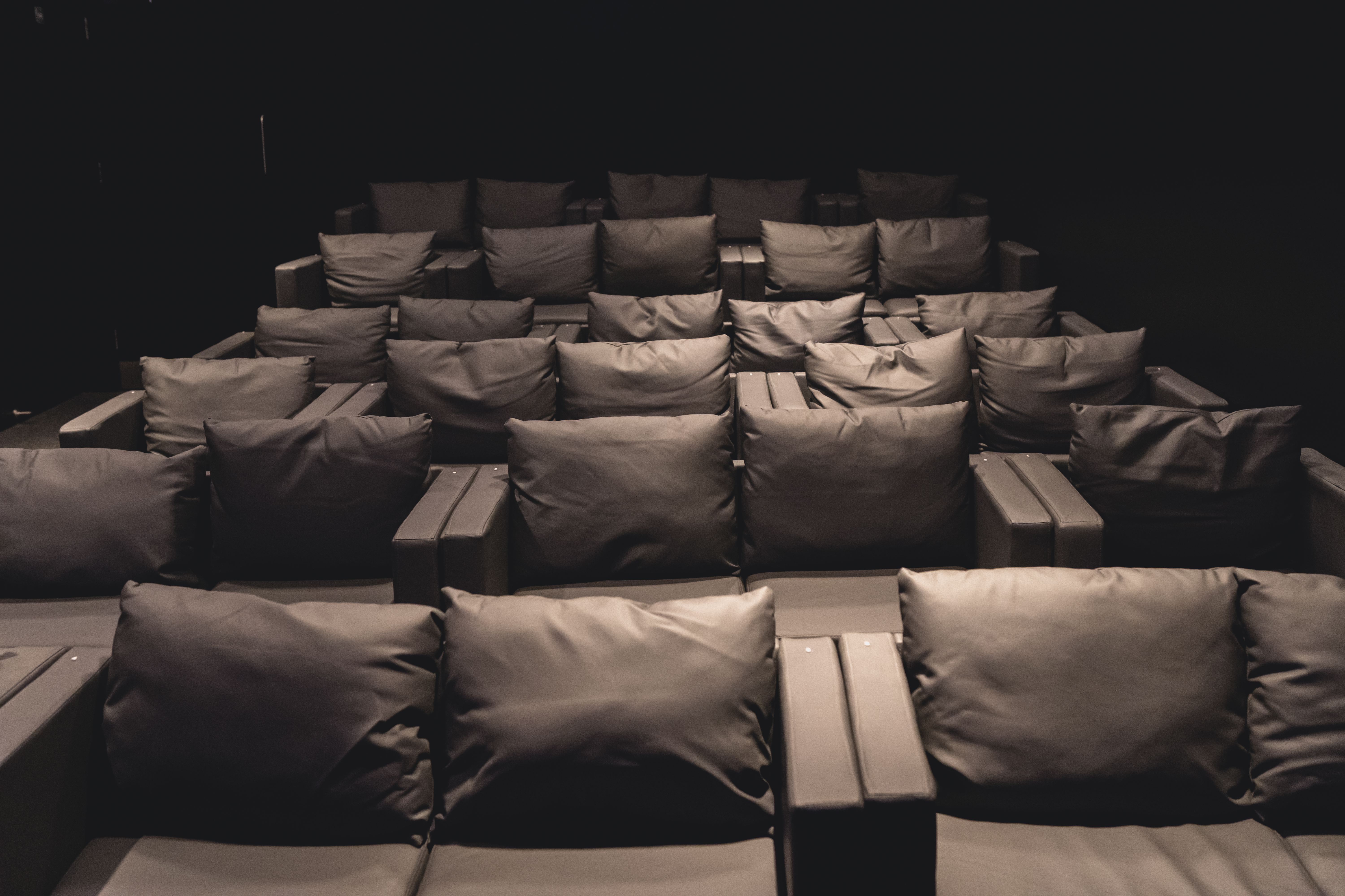 Intimate cinema seating with plush cushions for film screenings and presentations.