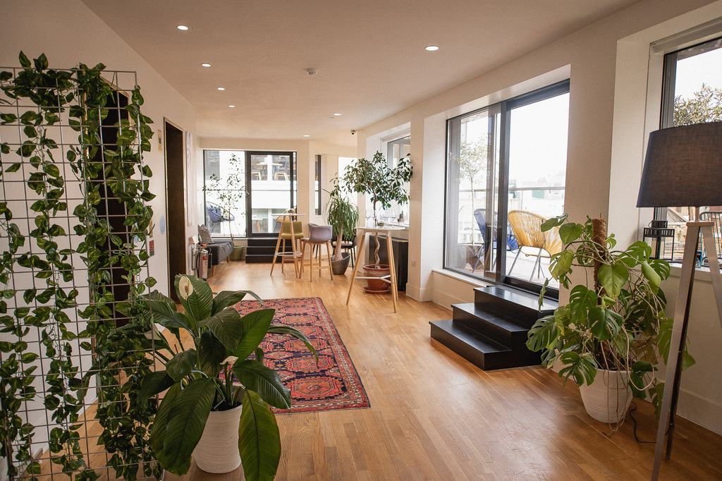 Rooftop Kitchen at Wallacespace Spitalfields, bright event space with greenery and seating.