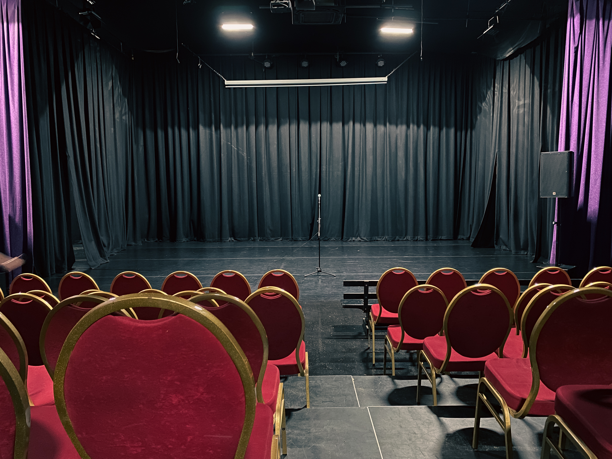 Elegant stage with spotlighted microphone, perfect for workshops and presentations.