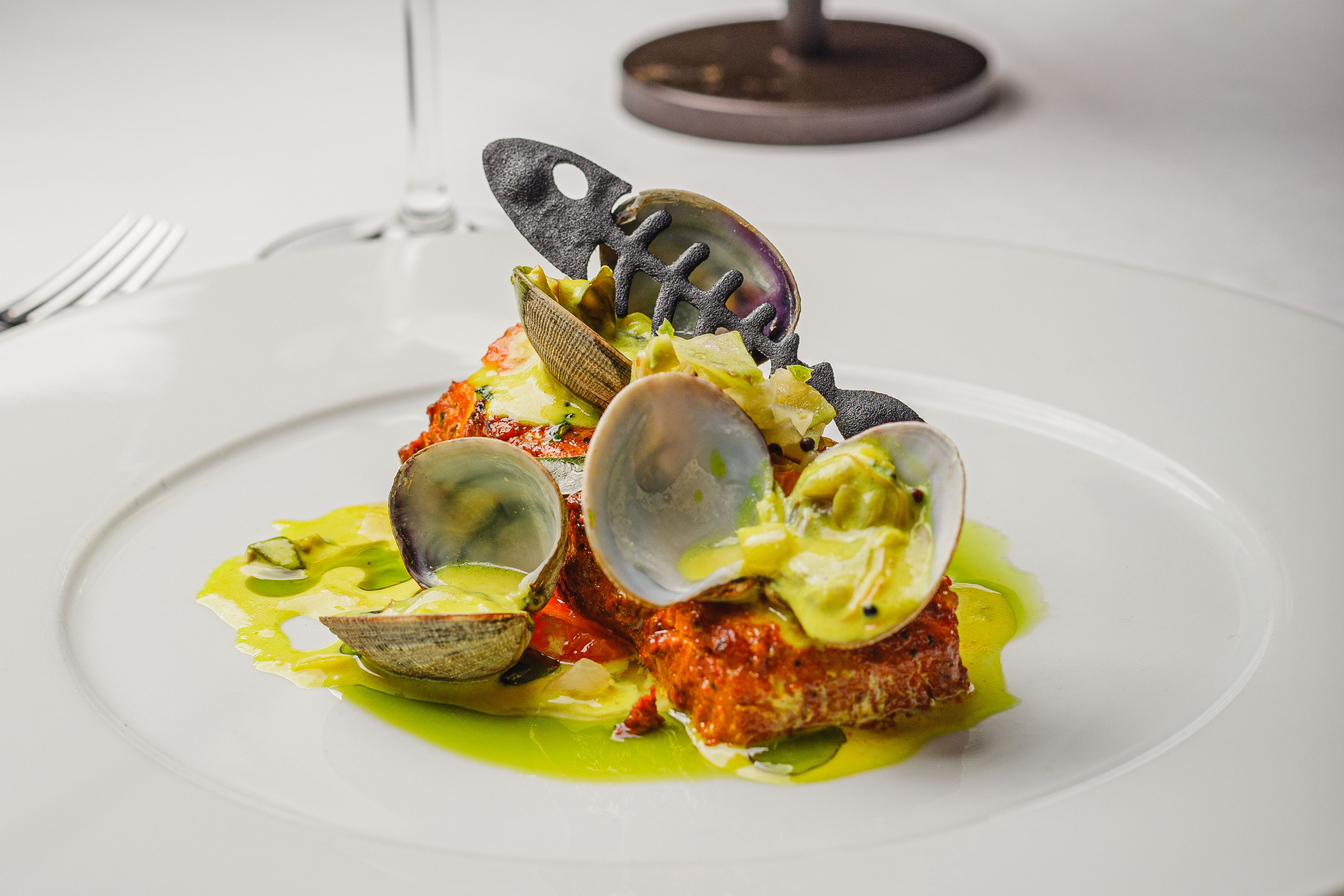 Gourmet seafood dish in Dover Private Room, Benares for upscale catering events.