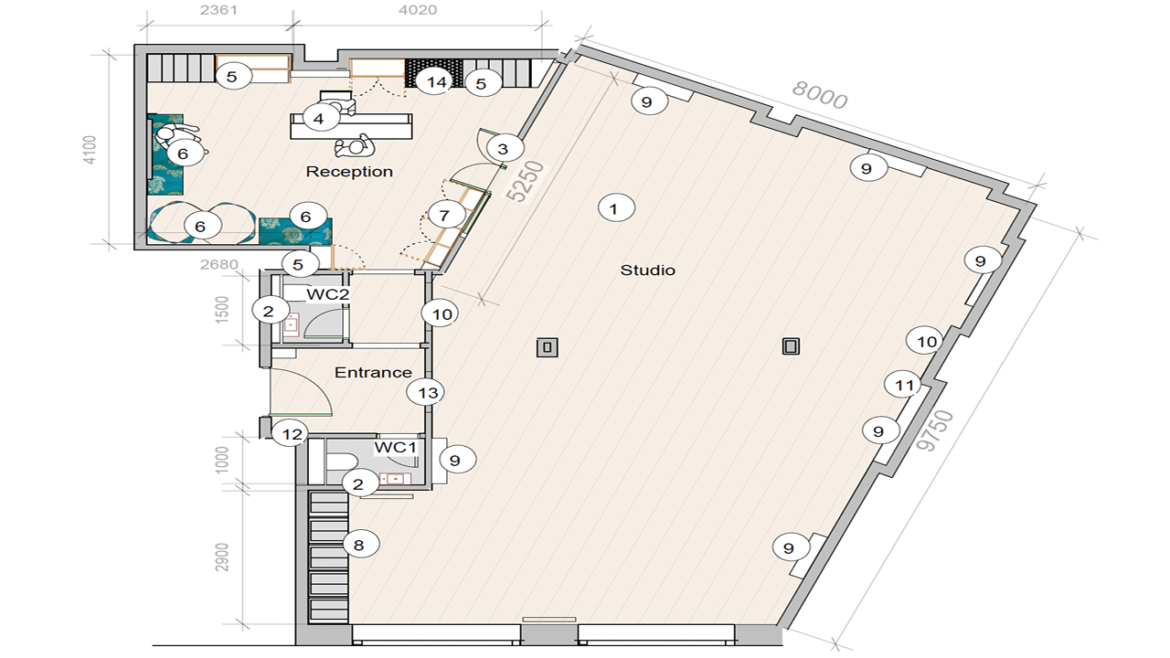 Yoga West event space floor plan with spacious studio for gatherings and workshops.