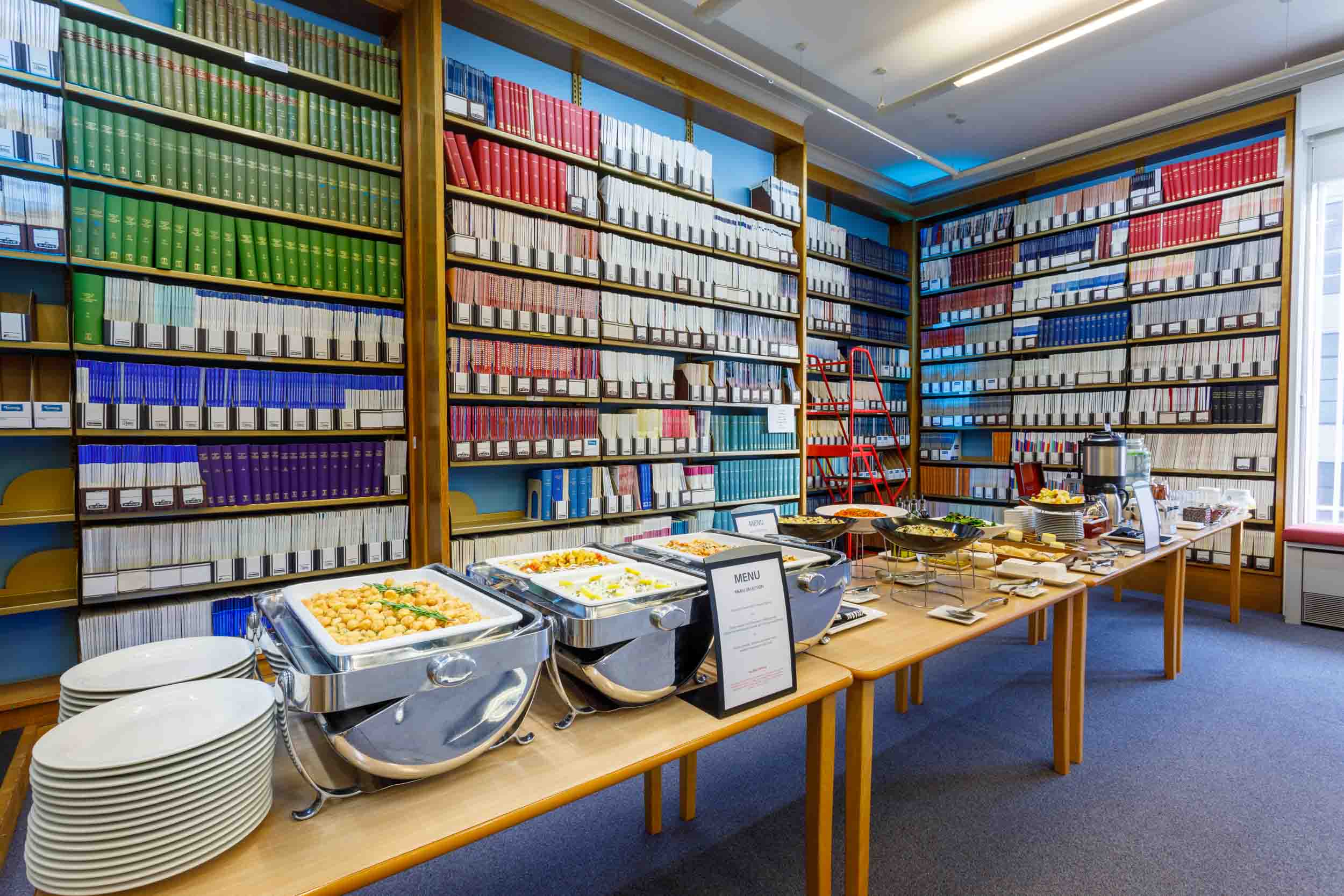 Buffet setup in Wheatley Room, 1 Wimpole Street for professional meetings and networking.