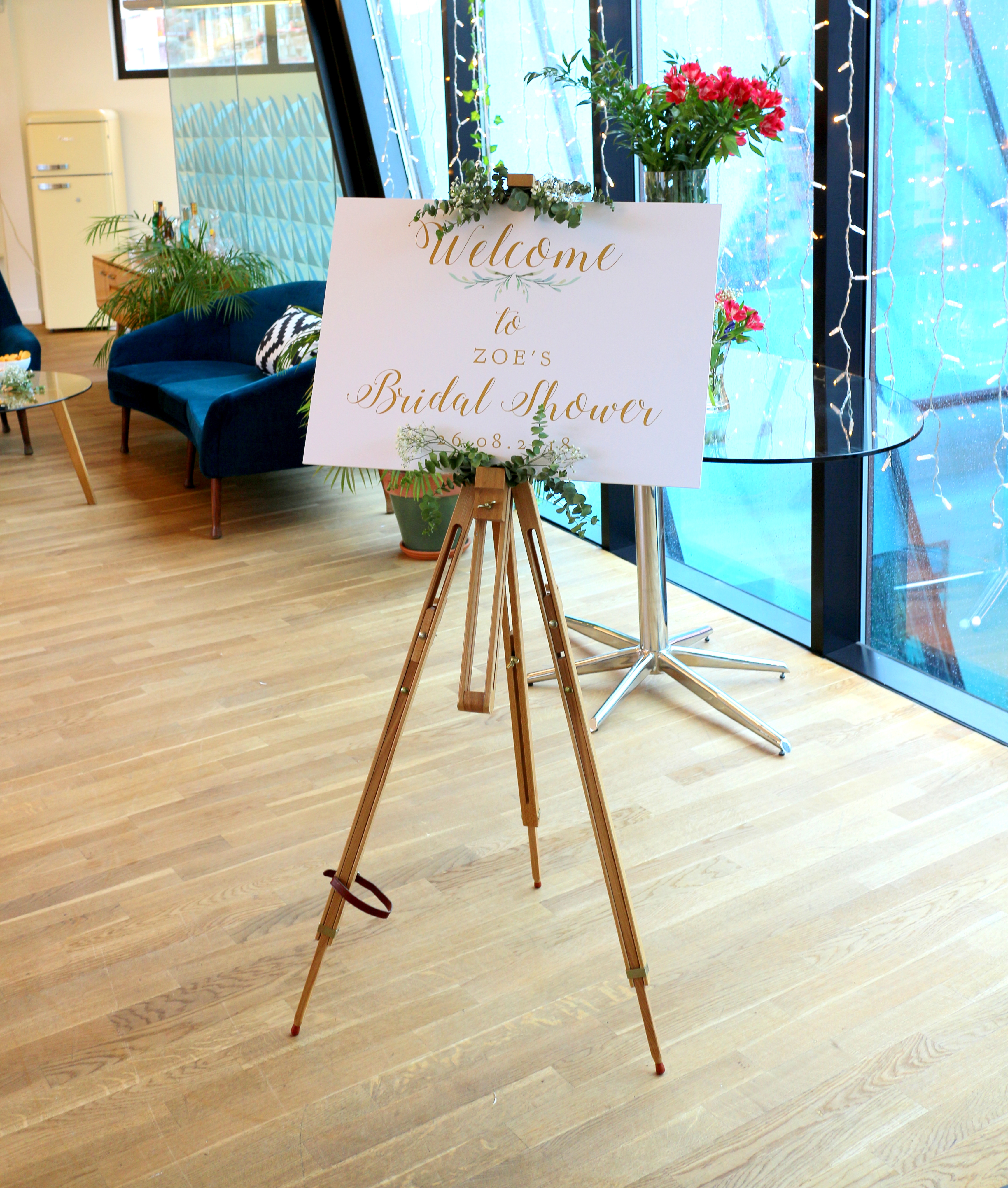 Elegant bridal shower welcome sign in modern Wallacespace Clerkenwell Green venue.