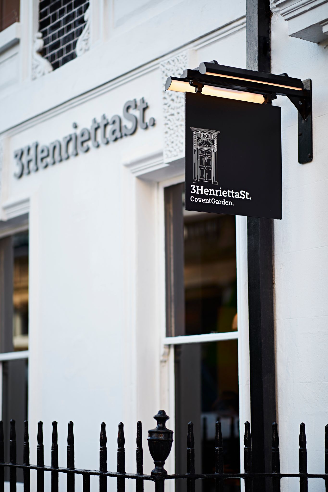 Stylish venue sign at 3 Henrietta Street, Covent Garden for corporate events and meetings.