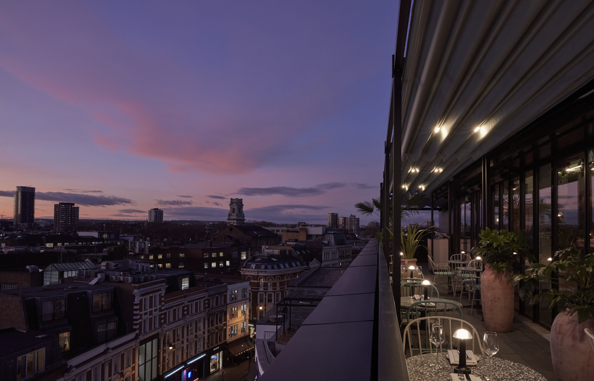Rooftop Bar at One Hundred Shoreditch Hotel, elegant venue for upscale events and receptions.