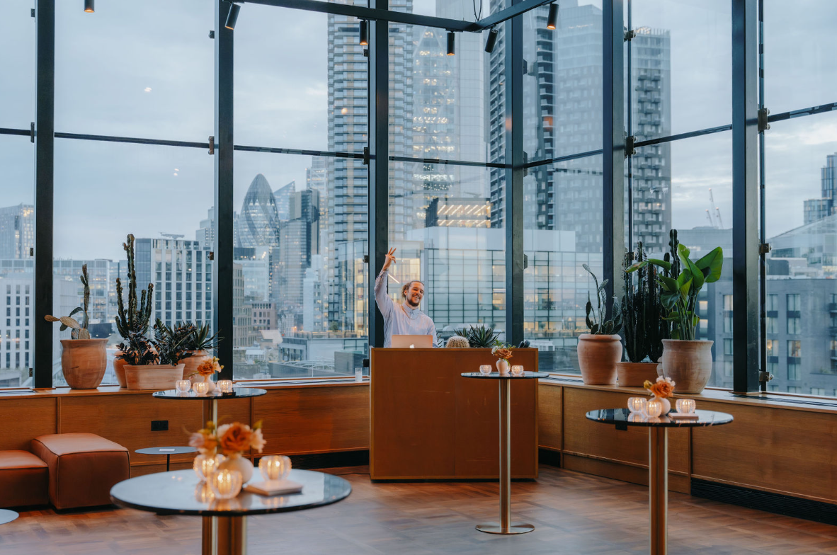 Stylish event space with panoramic views at One Hundred Shoreditch Hotel for upscale gatherings.
