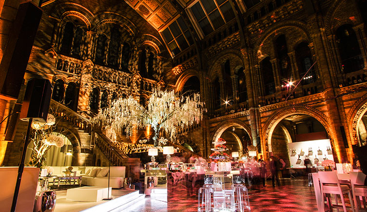 Elegant Natural History Museum event space with grand chandelier for weddings and corporate events.