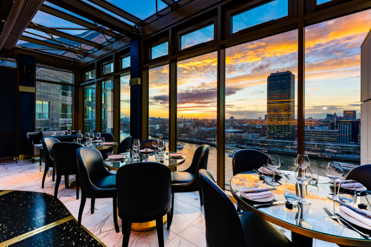 Mezemiso Rooftop Restaurant with sunset view, ideal for upscale events and gatherings.