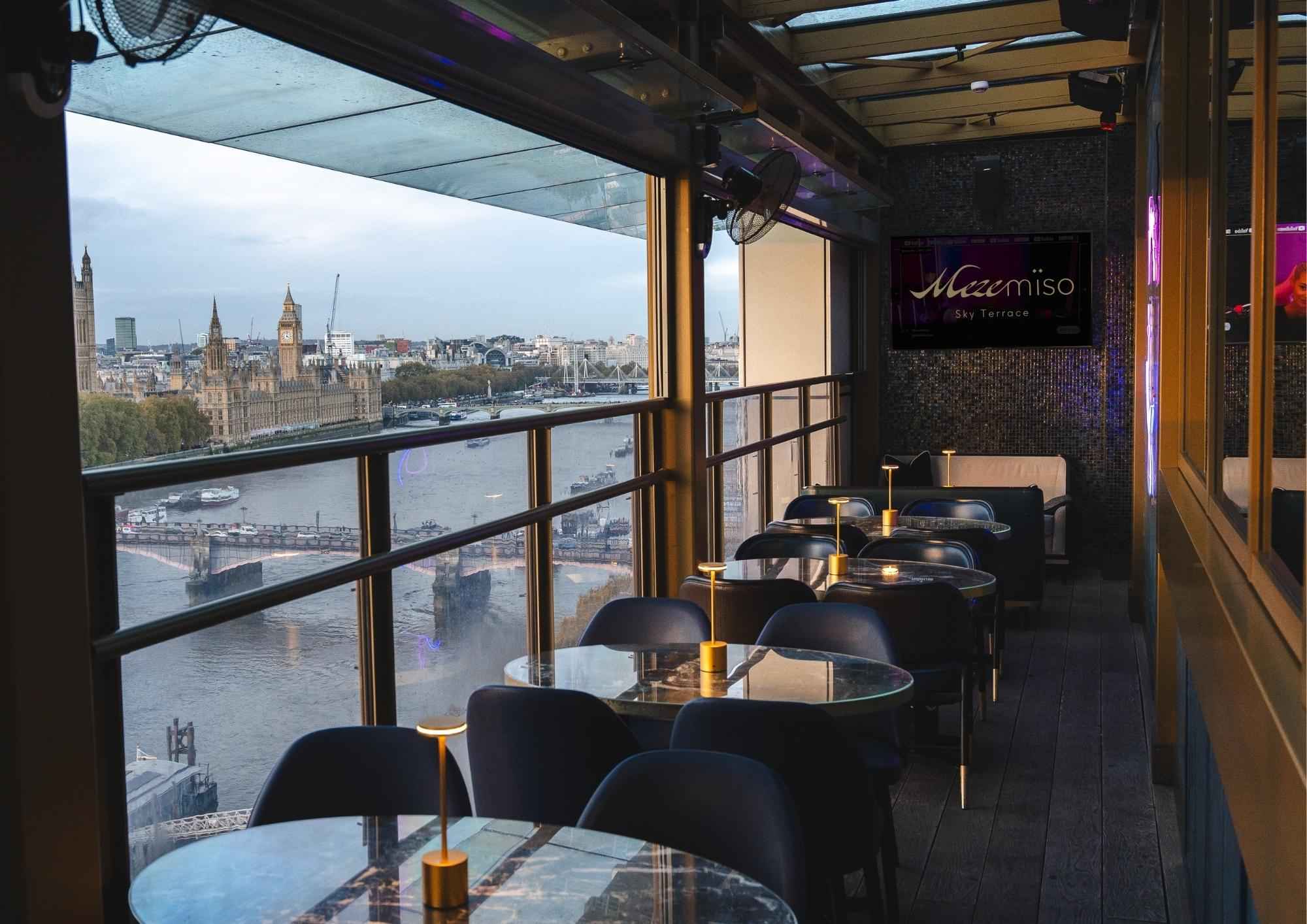 Mezemiso Rooftop Restaurant with panoramic Thames views, ideal for upscale events and gatherings.