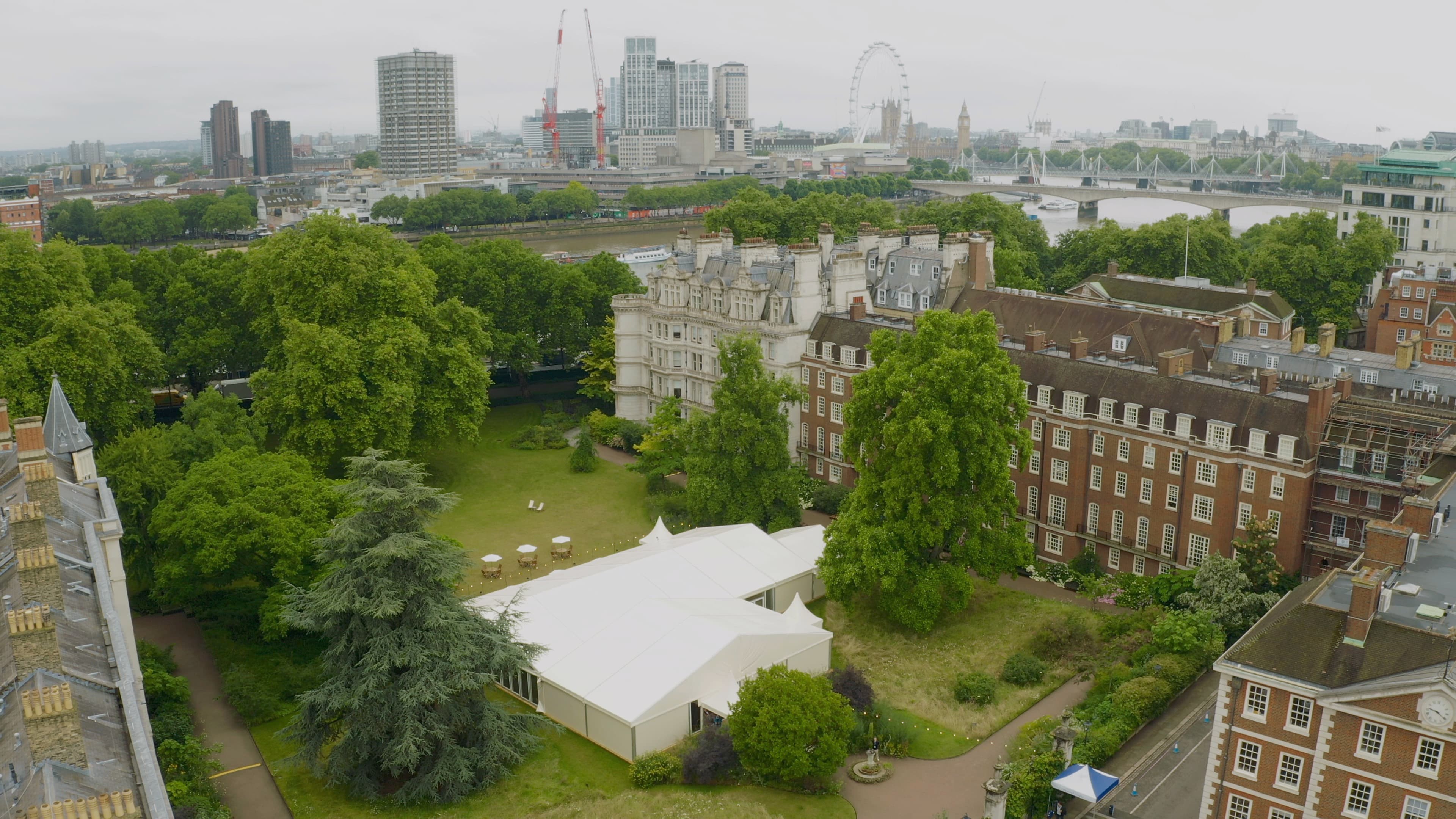 Luxury marquee event venue in Central London with skyline views for corporate galas and receptions.