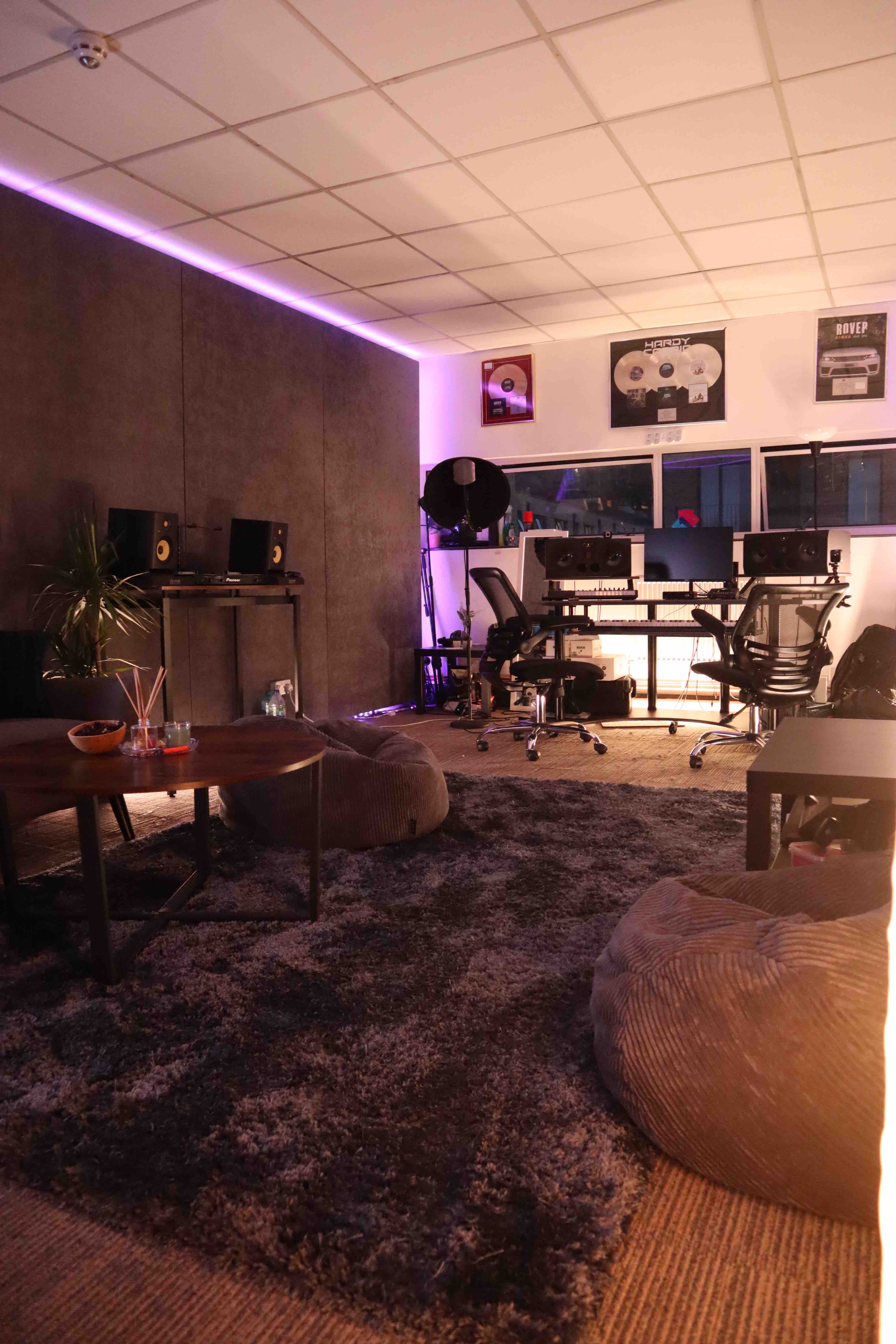 Modern creative workspace with bean bags for collaborative events and workshops.