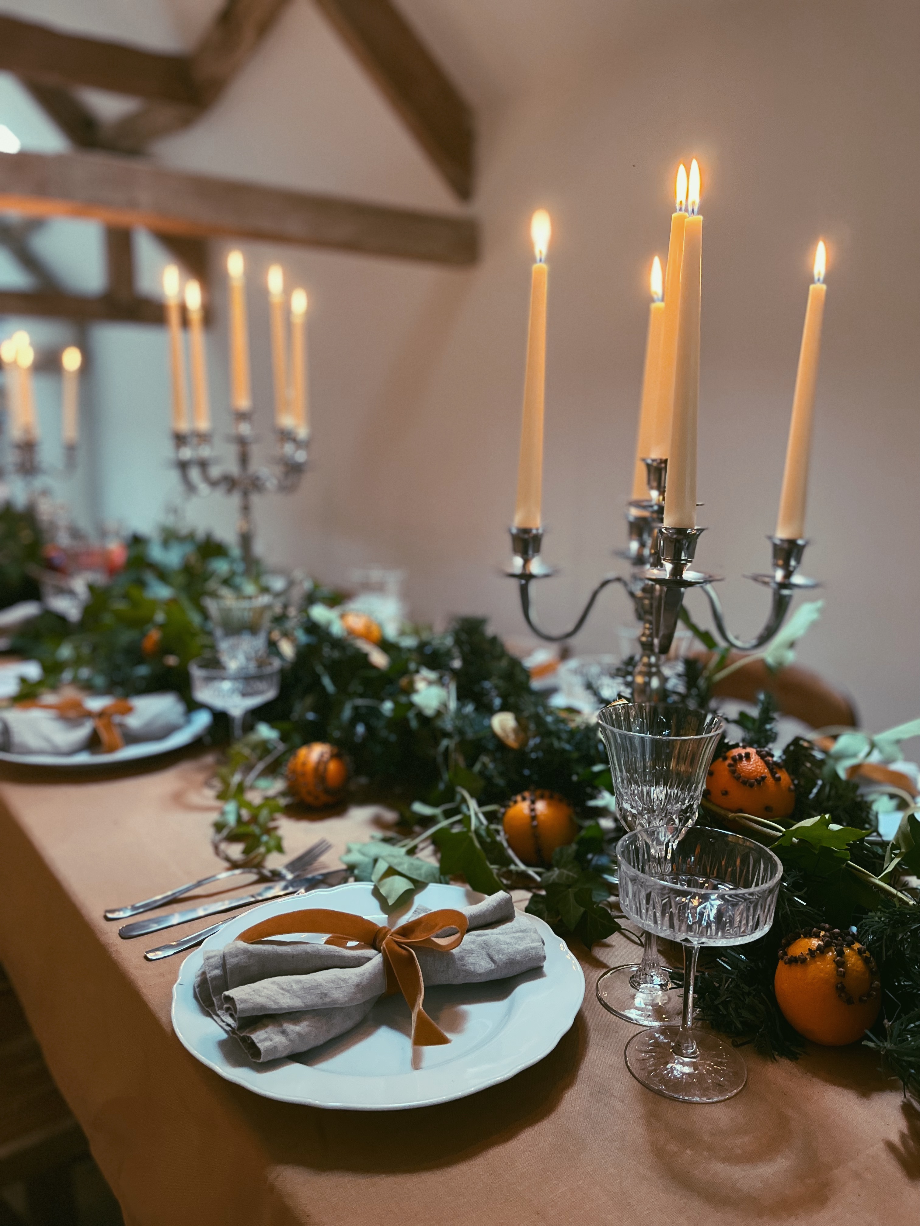 Elegant dining table with candelabras for sophisticated events at Church Farm Estate.