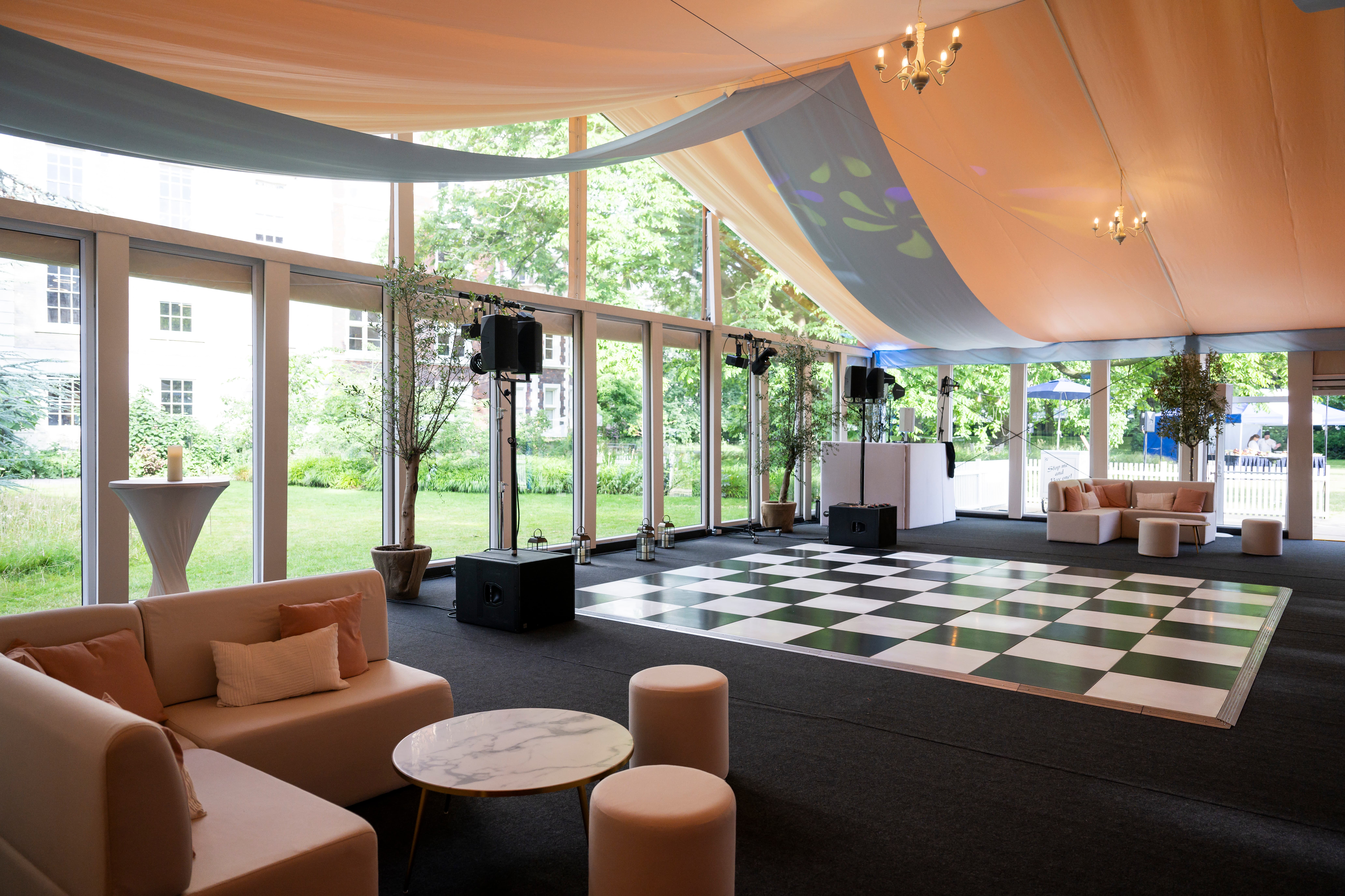 Marquee event space at The Inner Temple with dance floor for weddings and corporate hire.