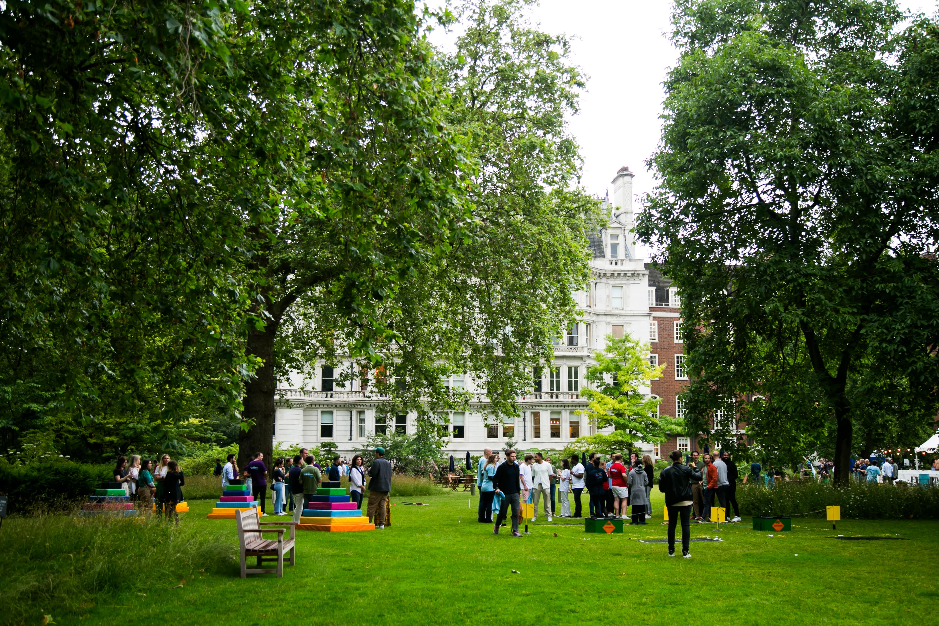 Outdoor corporate networking event at The Inner Temple with colorful, modern lounge seating.