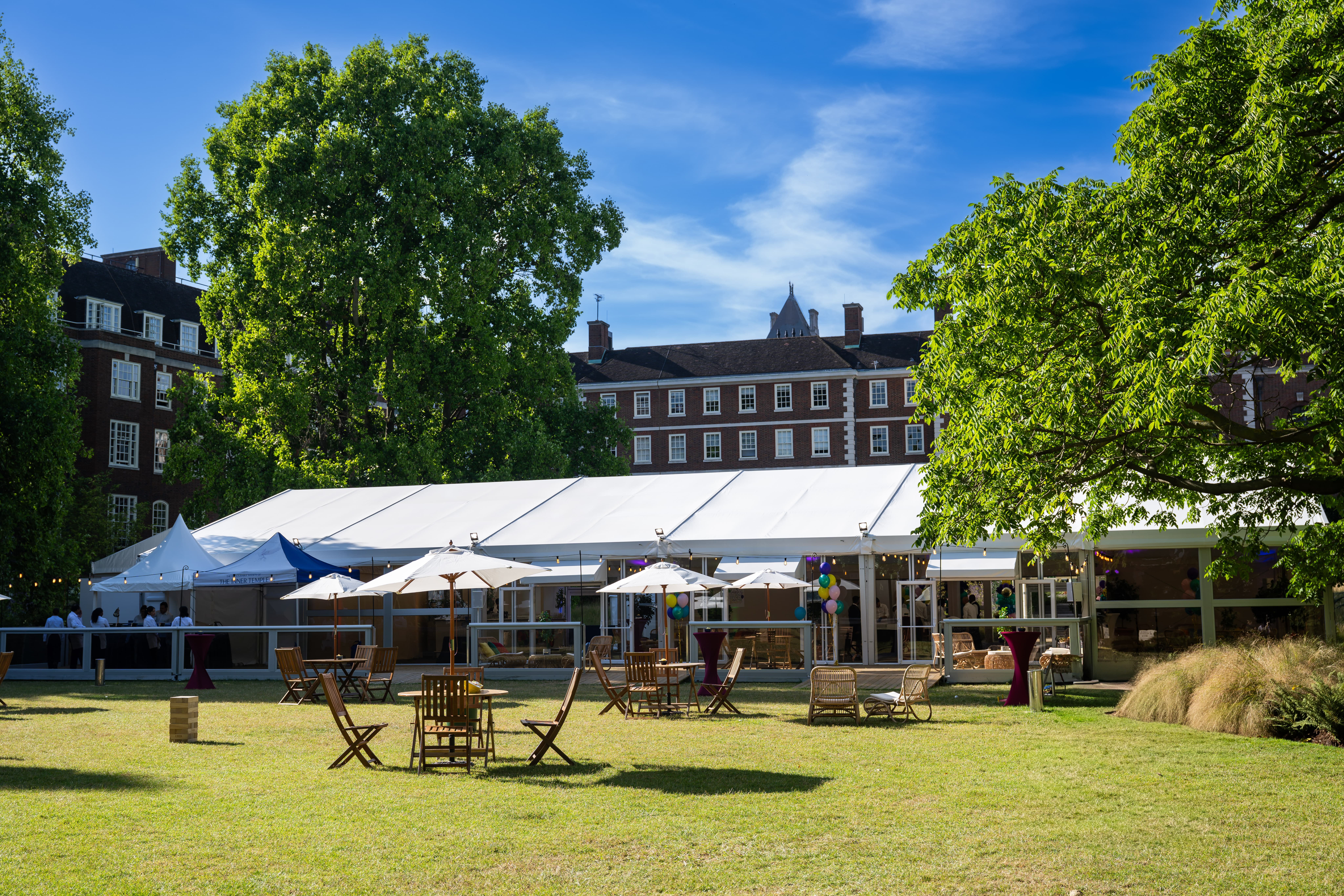 Large marquee in The Inner Temple garden for corporate events and outdoor weddings.