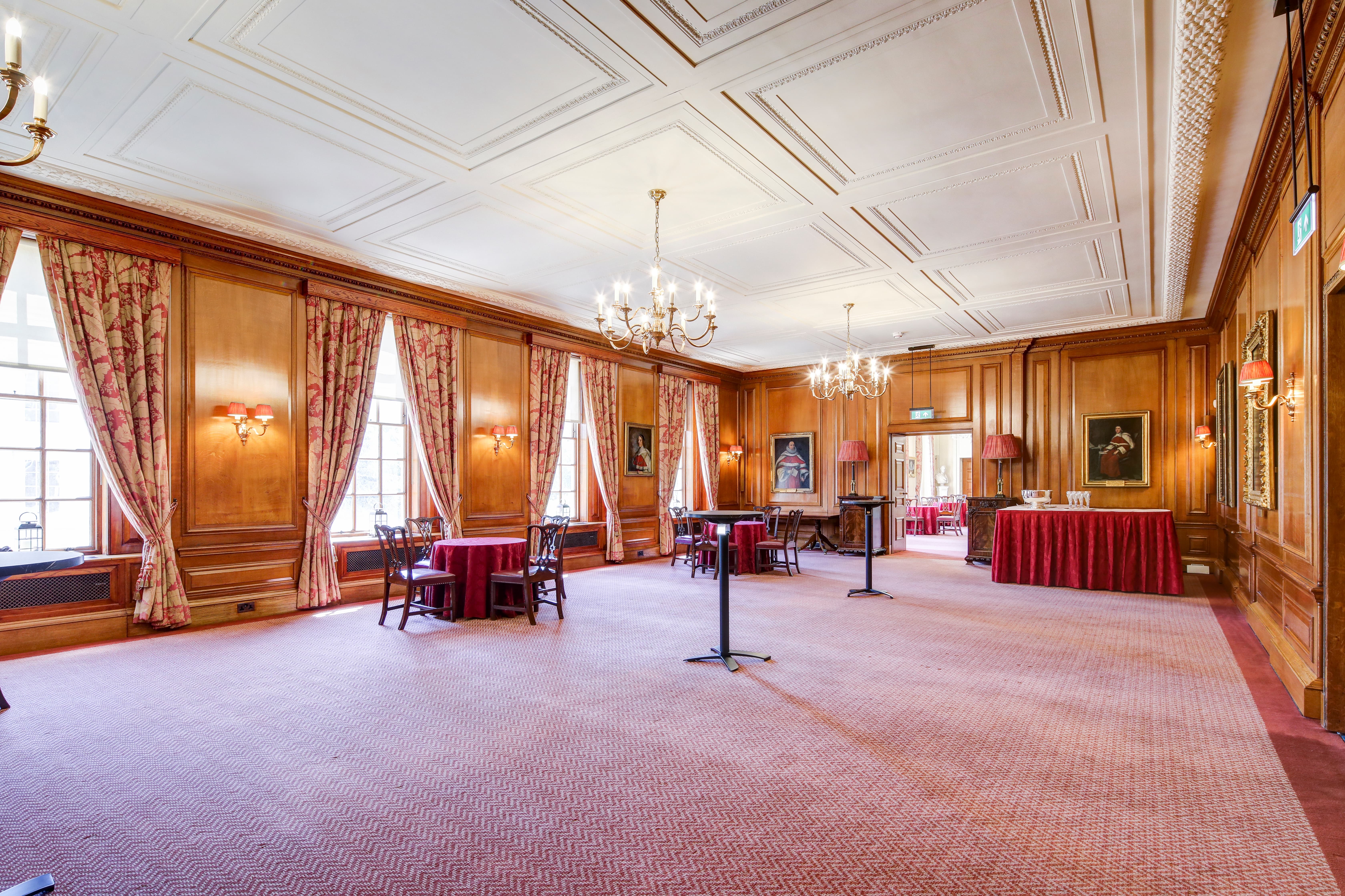 Parliament Chamber heritage event space set for networking reception and corporate meetings.
