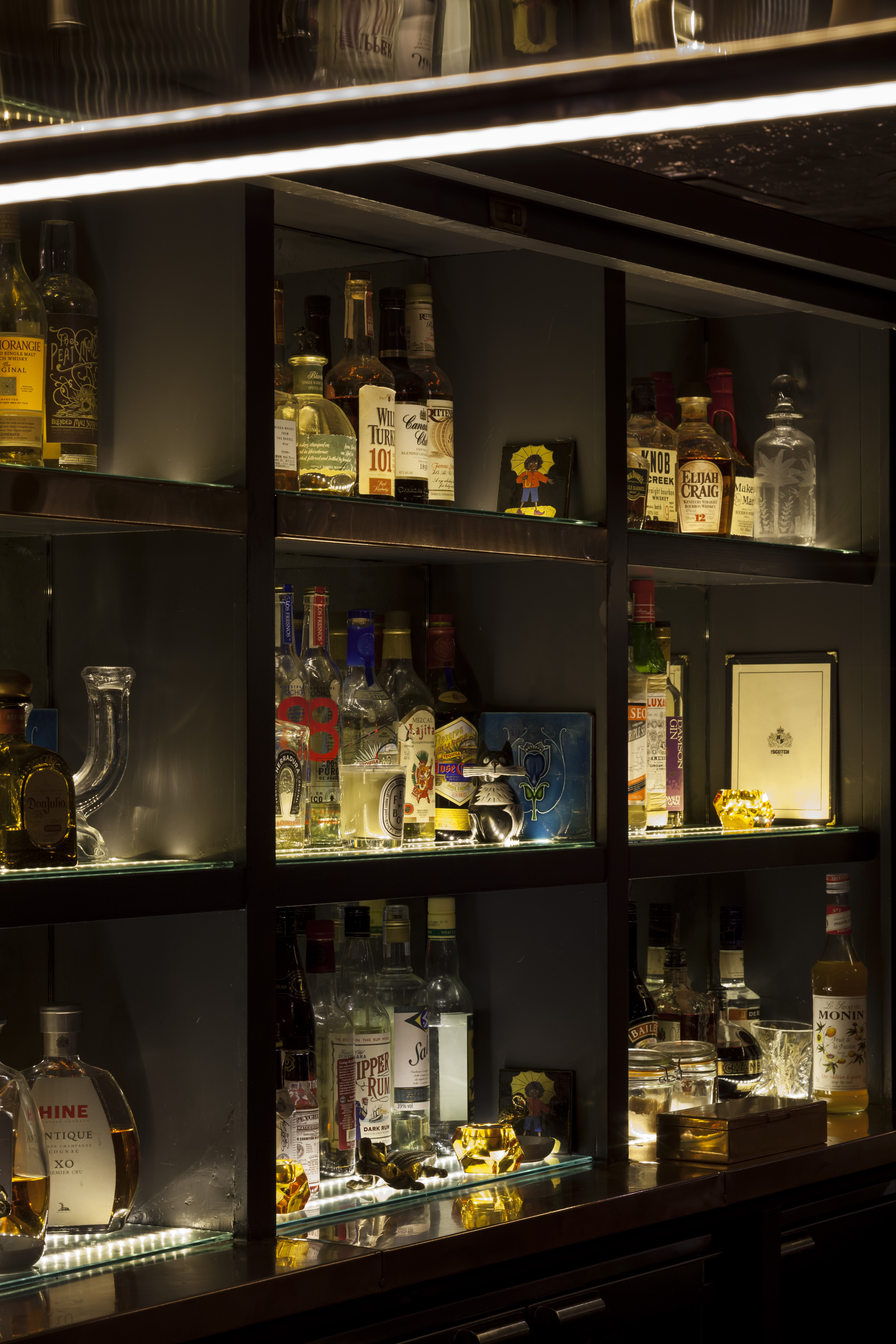 Lounge Bar at The Scotch of St James with illuminated shelves, perfect for cocktail receptions.