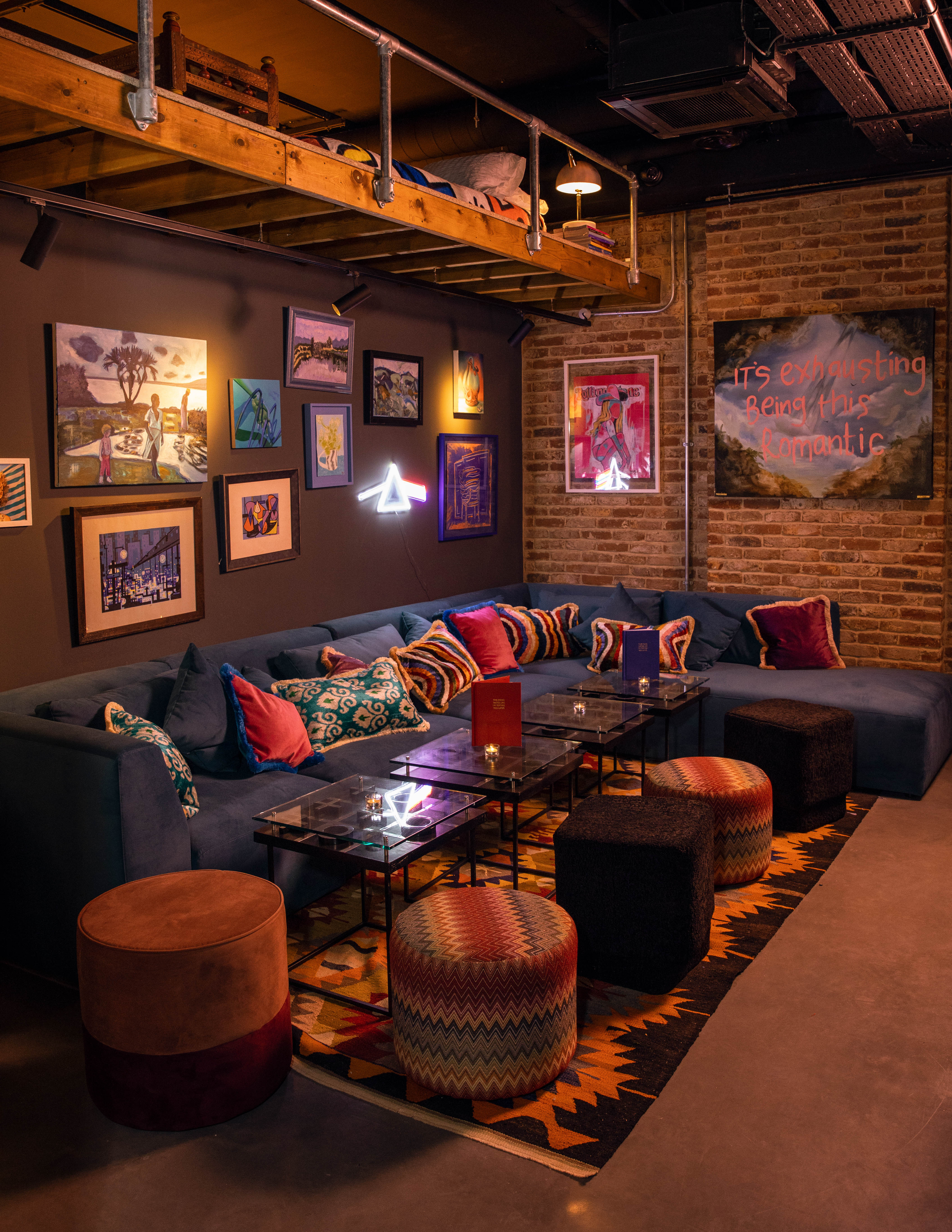 Stylish lounge in Basement Studio, vibrant decor for intimate gatherings and events.