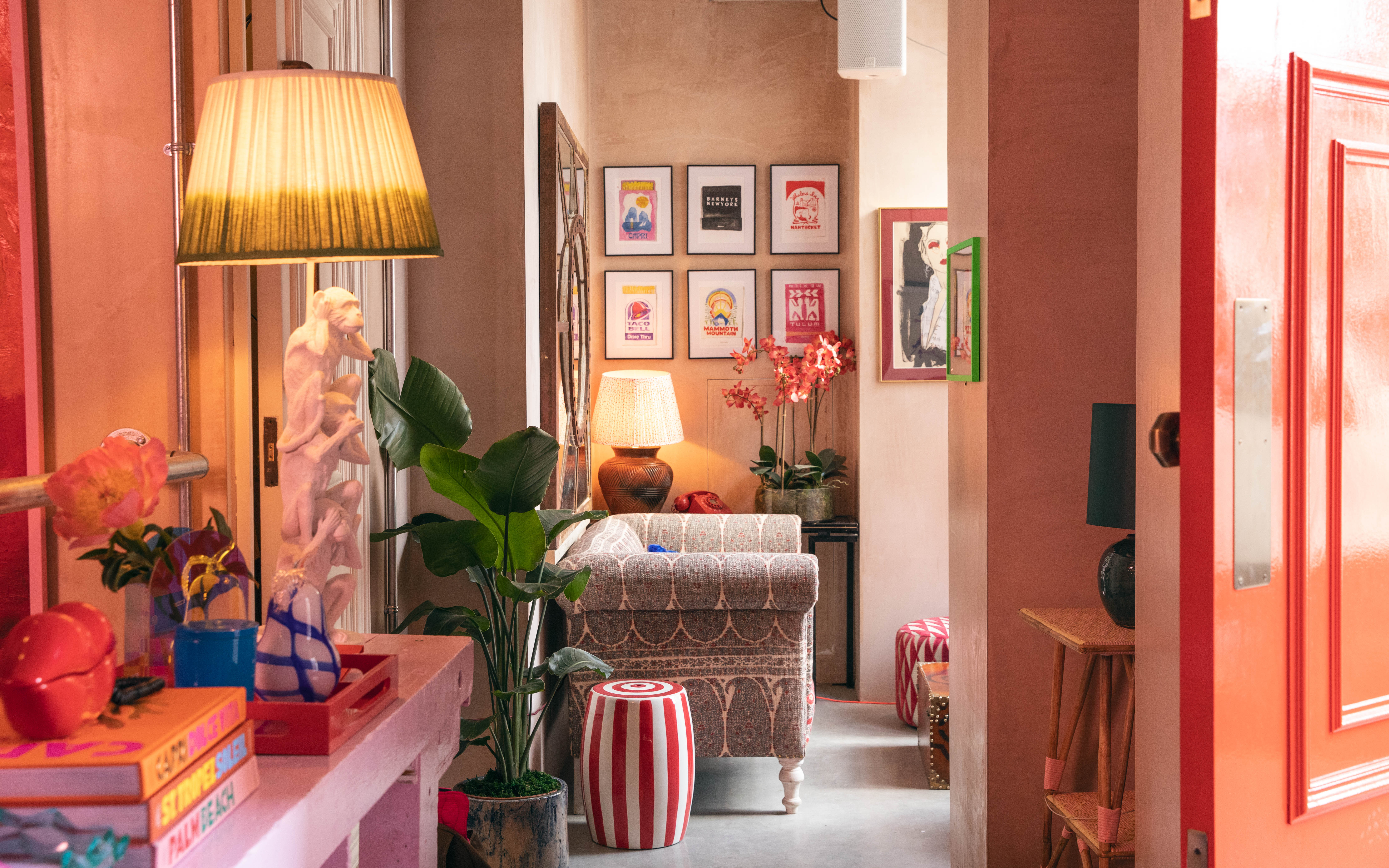 Vibrant open plan living room with eclectic decor for networking events and gatherings.