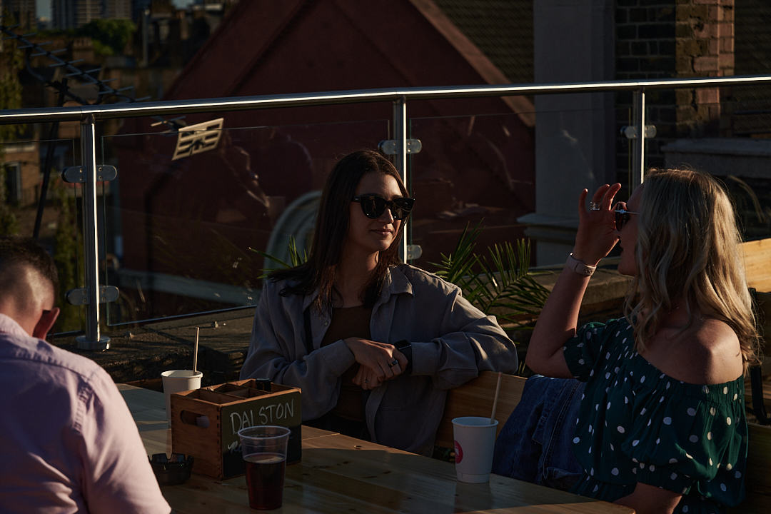 Stylish rooftop at Dalston Roofpark, ideal for networking events and casual gatherings.