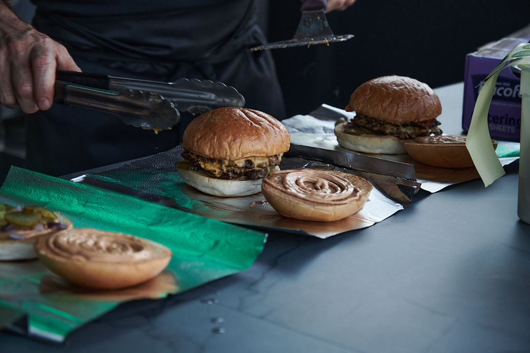 Gourmet burgers at Dalston Roofpark, perfect for events and catering.