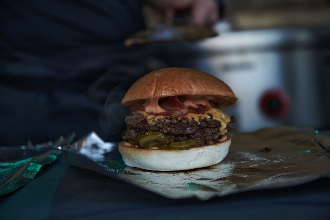 Gourmet burger at Dalston Roofpark, perfect for events and catering.