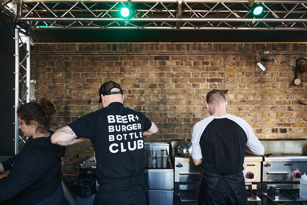 Dalston Roofpark vibrant beer and burger setup for outdoor events and festivals.