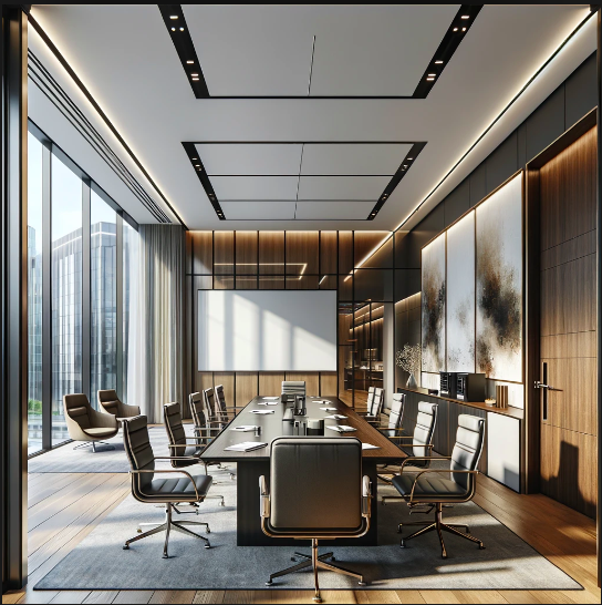 Modern conference room with large windows for corporate events and meetings.