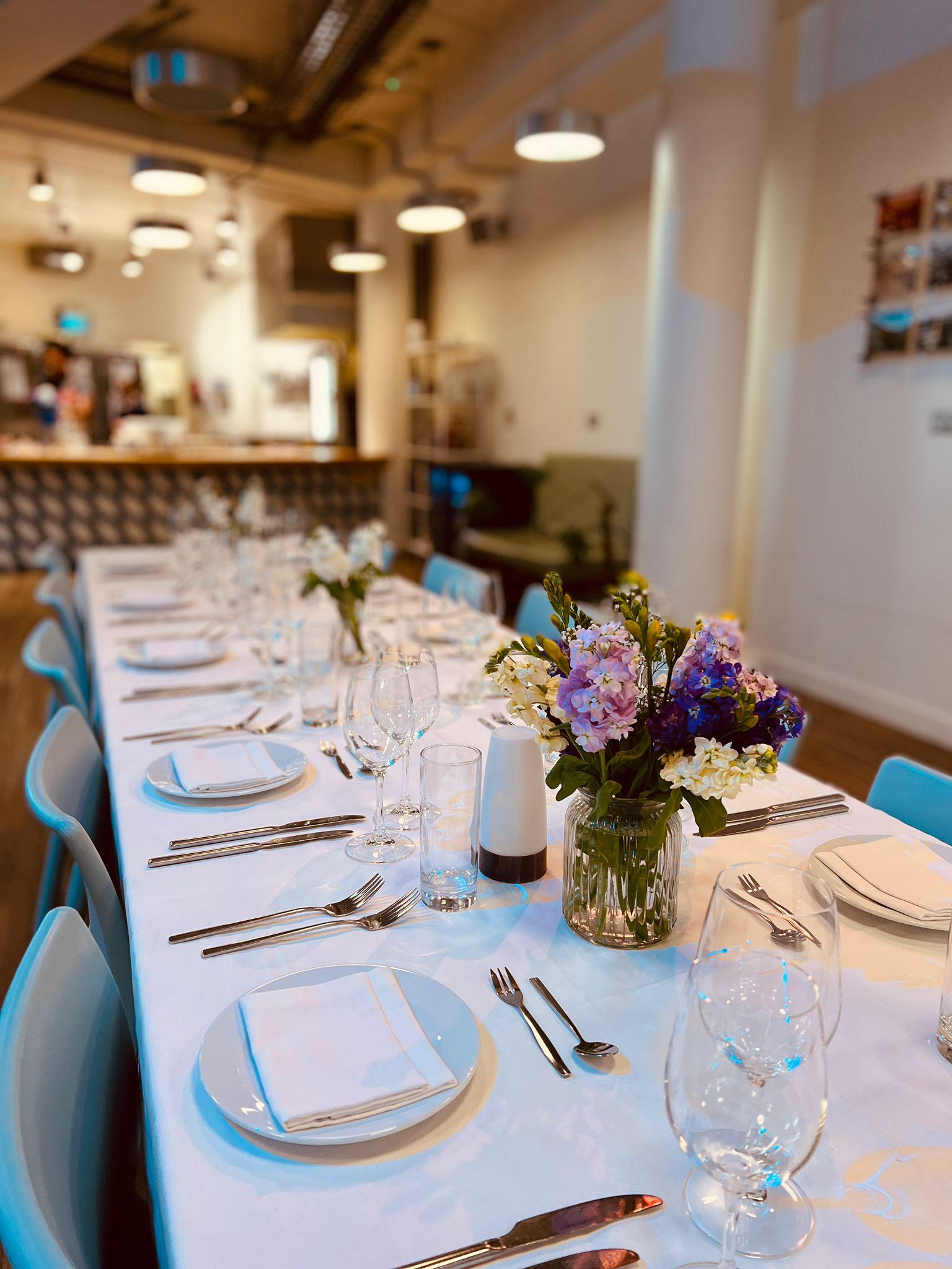 Elegant dining table at Clerkenwell Kitchen for corporate dinner or intimate event.