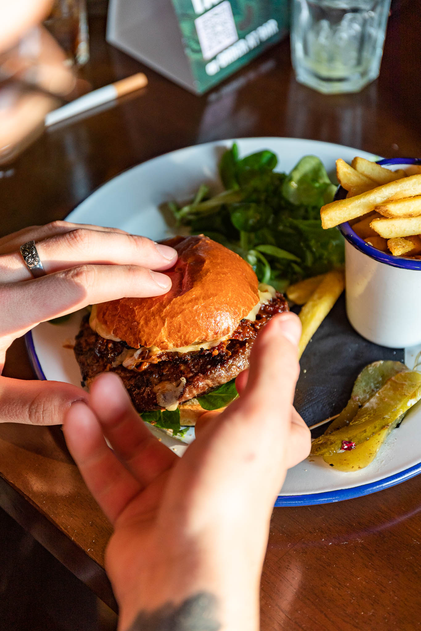 Gourmet burger close-up in Inn on the Square's function room for events and catering.