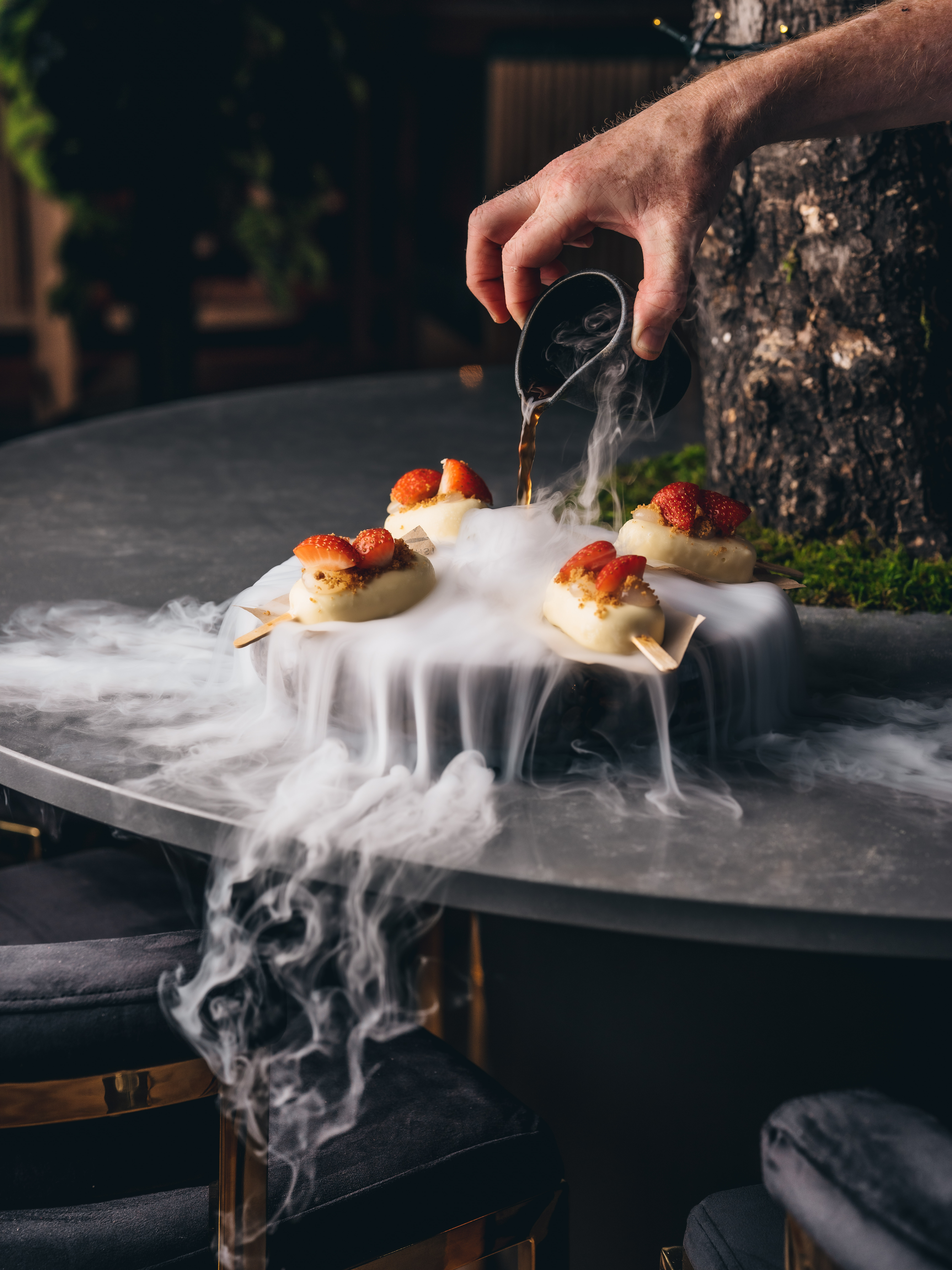 Innovative dessert presentation with dry ice at Exclusive Venue Hire, Oche The Strand.
