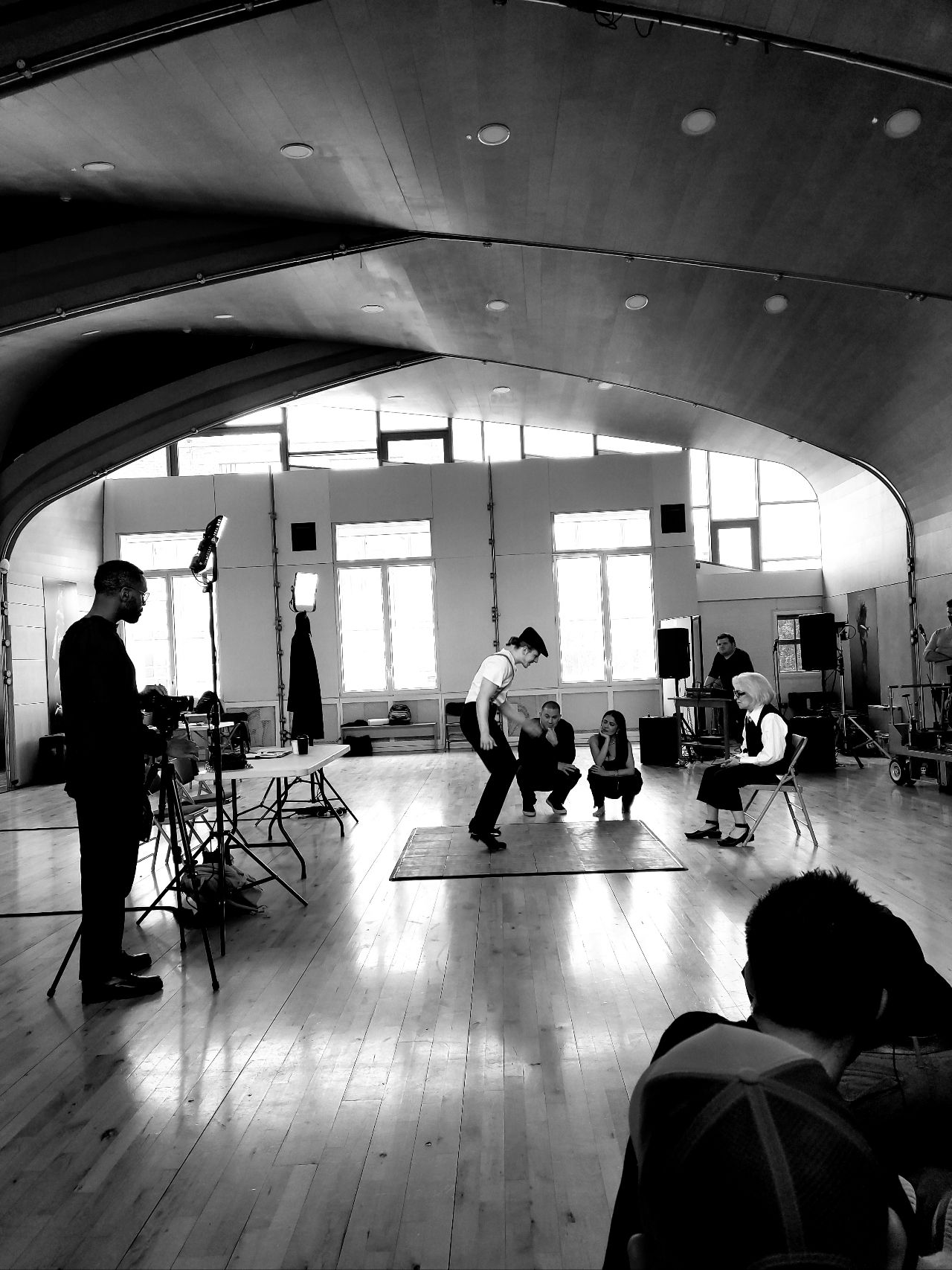Dynamic rehearsal space at Siobhan Davies Studios with natural light; creative event preparation.
