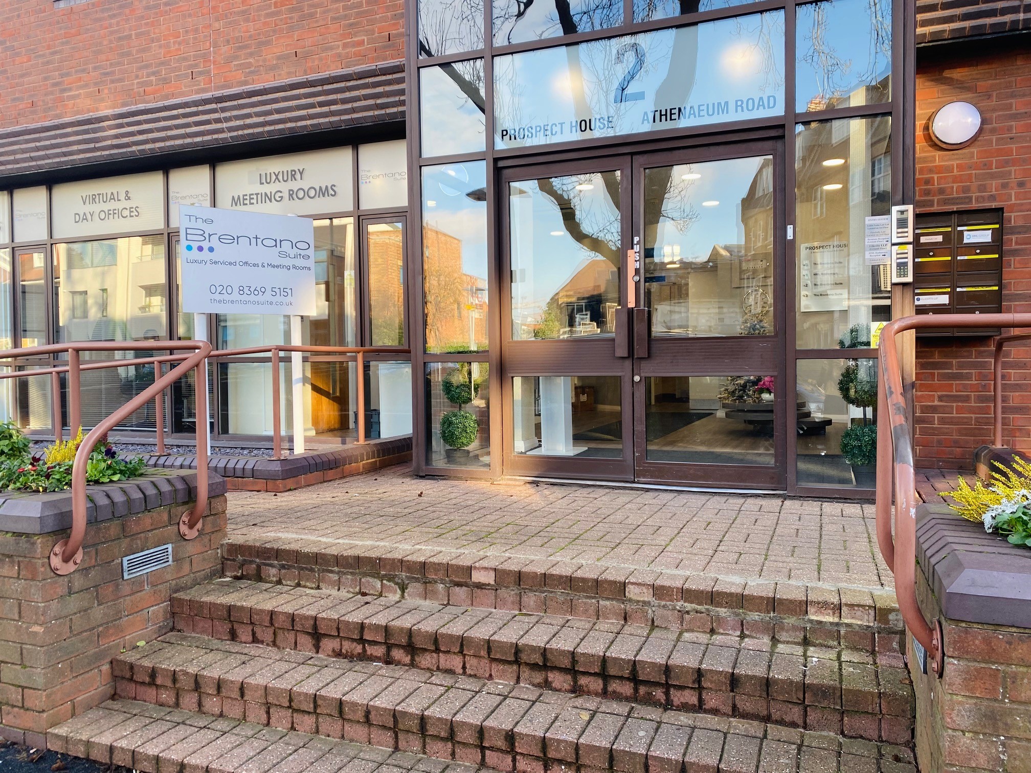 Modern entrance of Prospect House, featuring luxury meeting rooms for corporate events.