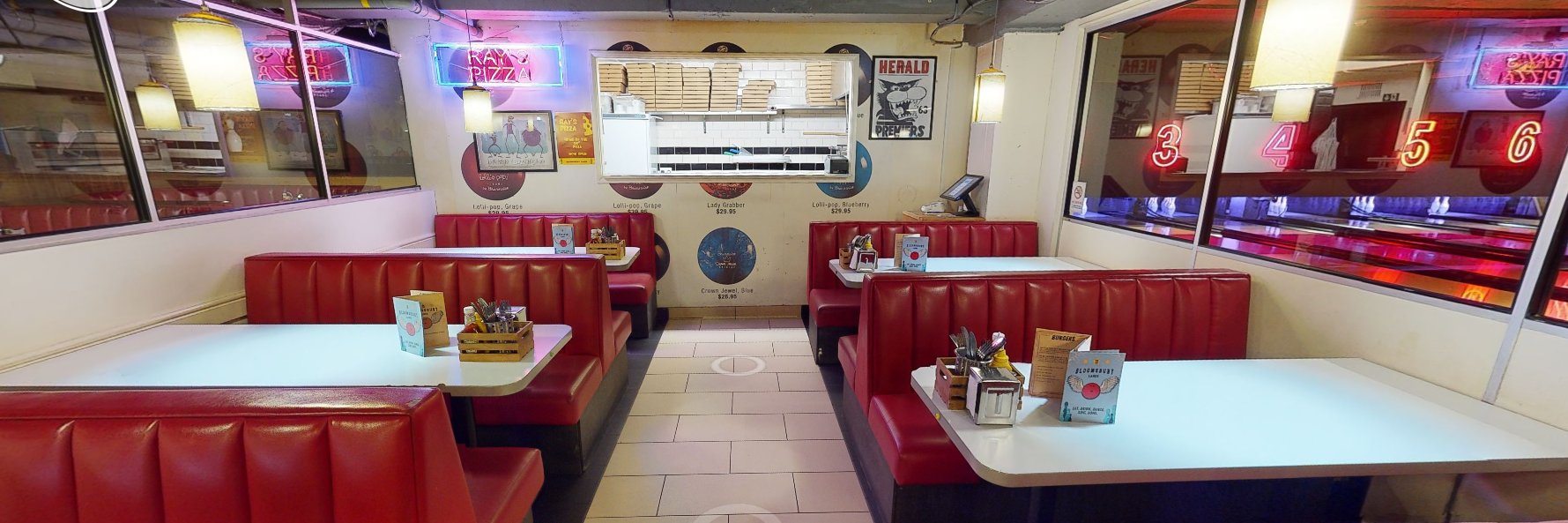 Vibrant diner setting in Bloomsbury Bowling Lanes for casual meetings and events.