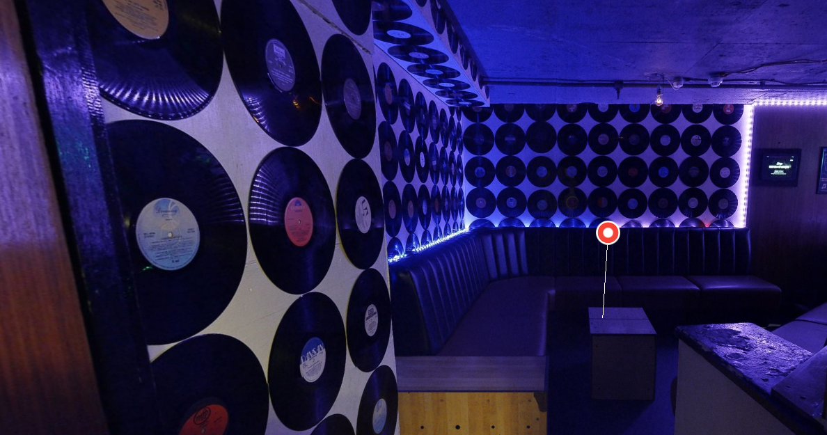 Vintage vinyl decor in Bloomsbury Bowling Lanes for themed parties and gatherings.