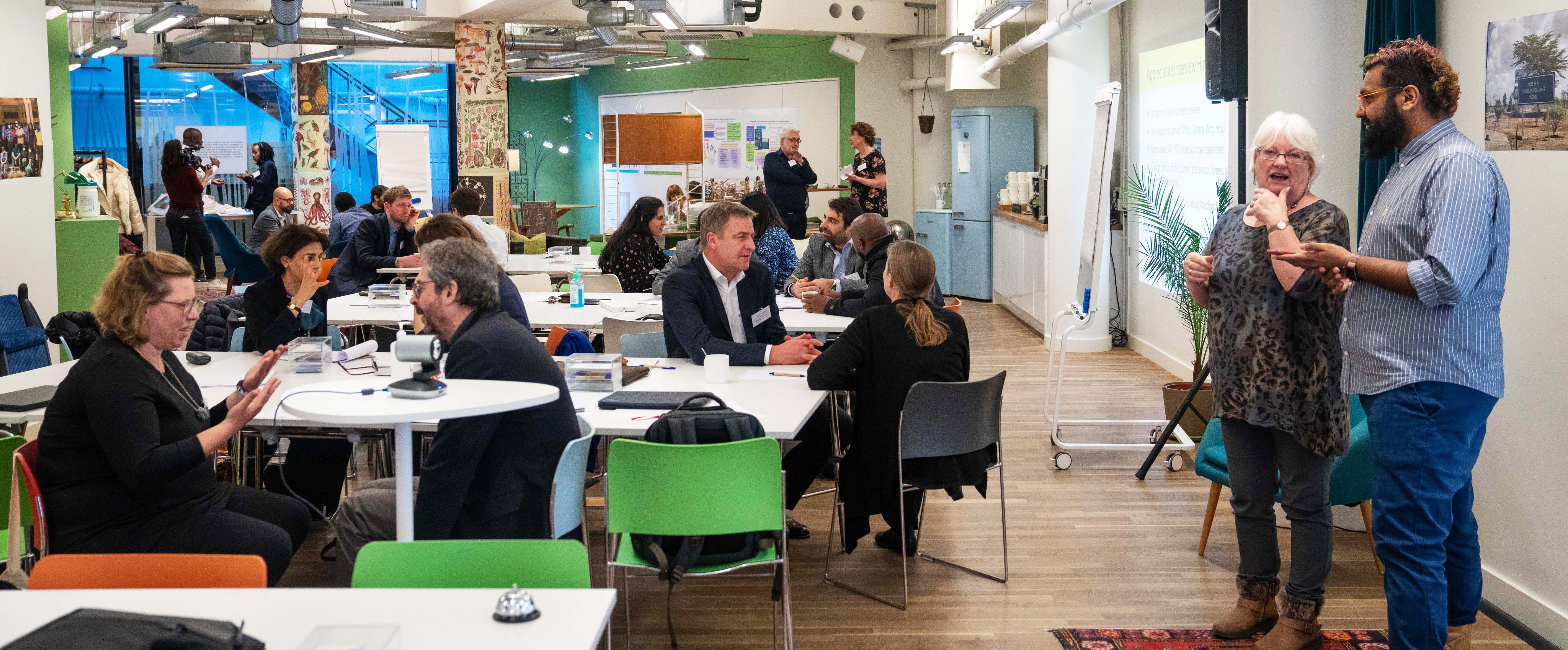 Dynamic networking event in modern collaborative space at Wallacespace Clerkenwell Green.