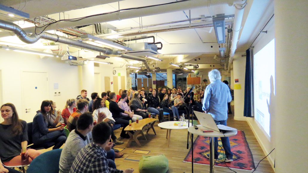 Engaged audience at The Den, Wallacespace Clerkenwell Green, for a networking event.