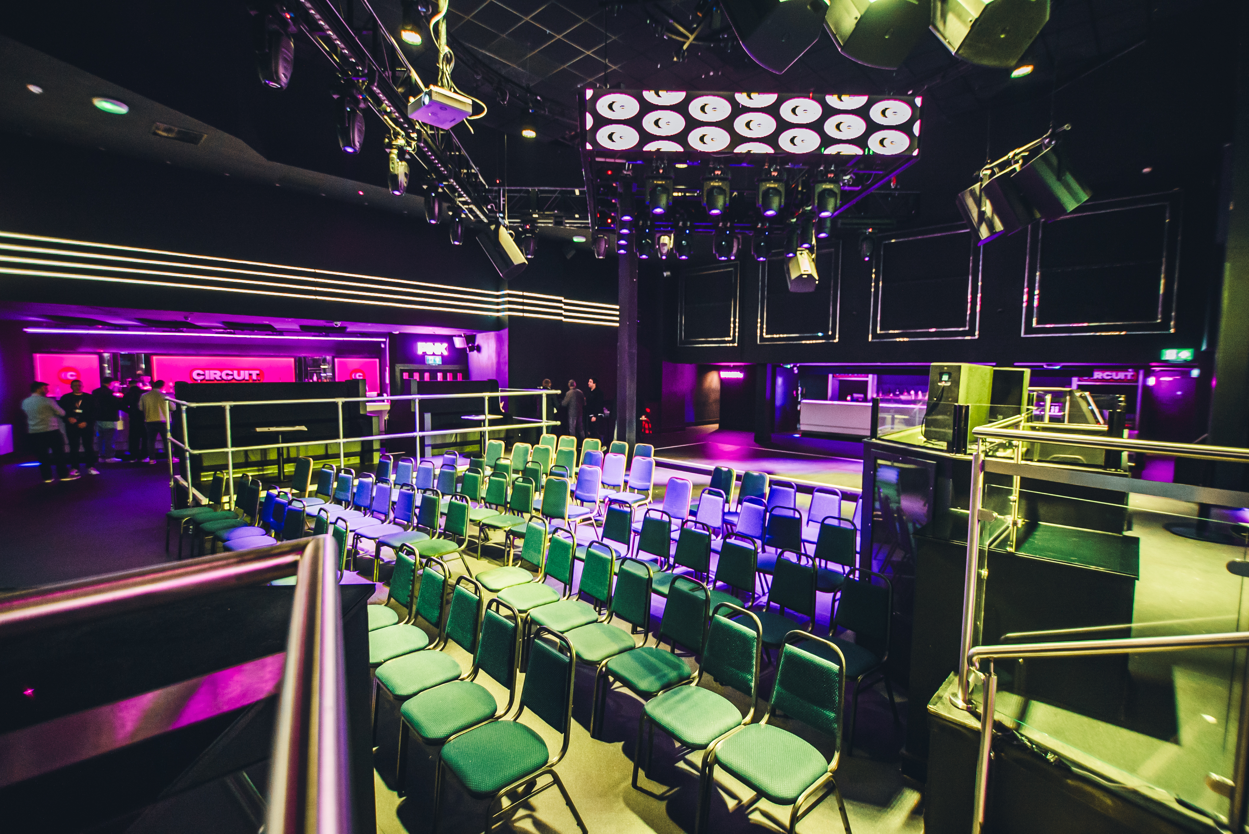 Versatile event space in Circuit Cardiff with tiered seating for meetings and presentations.