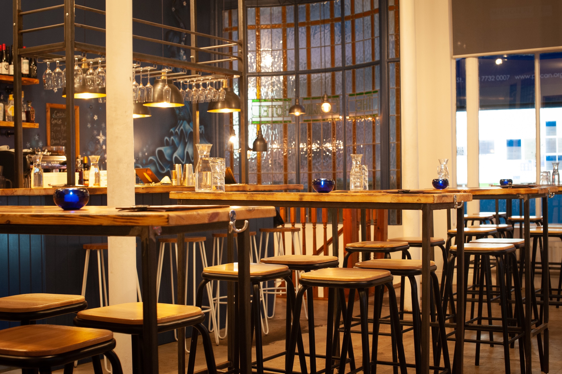 Modern Tapas Room in Peckham with high tables, ideal for networking events.