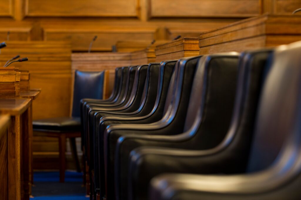 Senate Room at University of London: sleek black chairs for formal meetings and conferences.