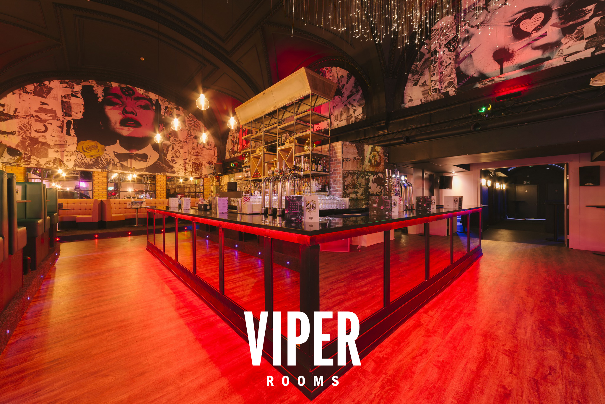 Viper Rooms Harrogate: vibrant event space with striking wall art for gatherings and celebrations.