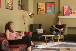 Cozy private dining space in Liverpool Selina for informal meetings and gatherings.