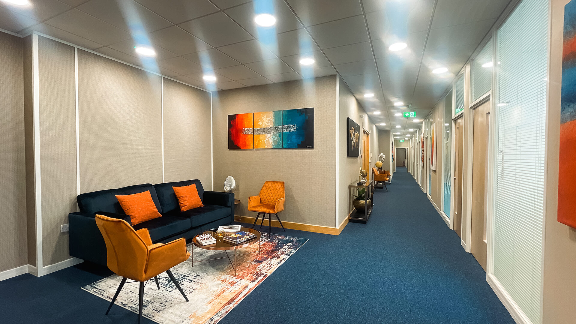 Brahms in Catalyst House: modern corridor with stylish seating for networking events.